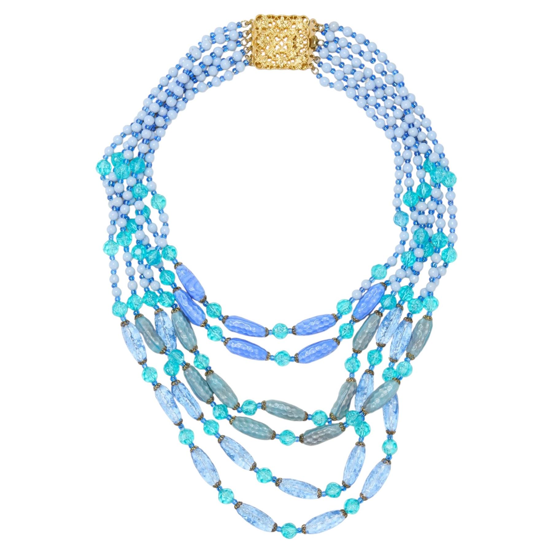 1960s 6-Strand Blue Beaded Glass Necklace with Gold Clasp