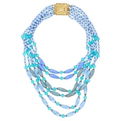 1960s 6-Strand Blue Beaded Glass Necklace with Gold Clasp