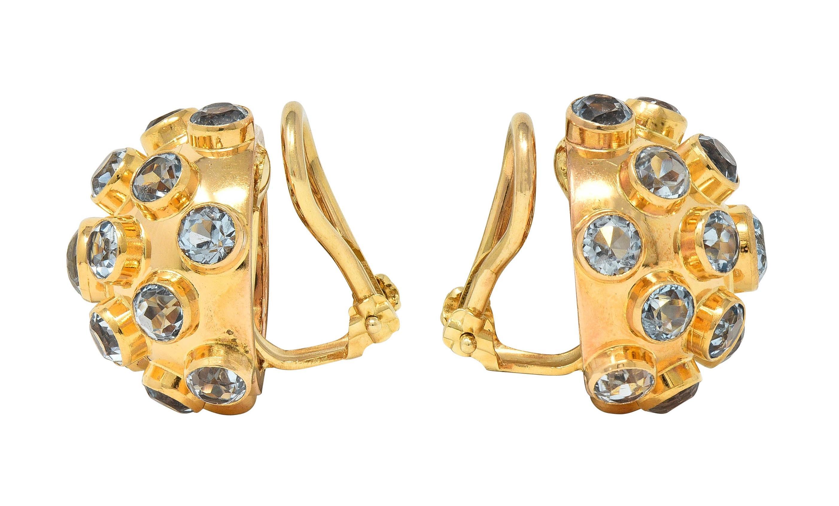 Round Cut 1960's 6.16 CTW Aquamarine 14K Yellow Gold Vintage Sputnik Ear-Clip Earrings For Sale