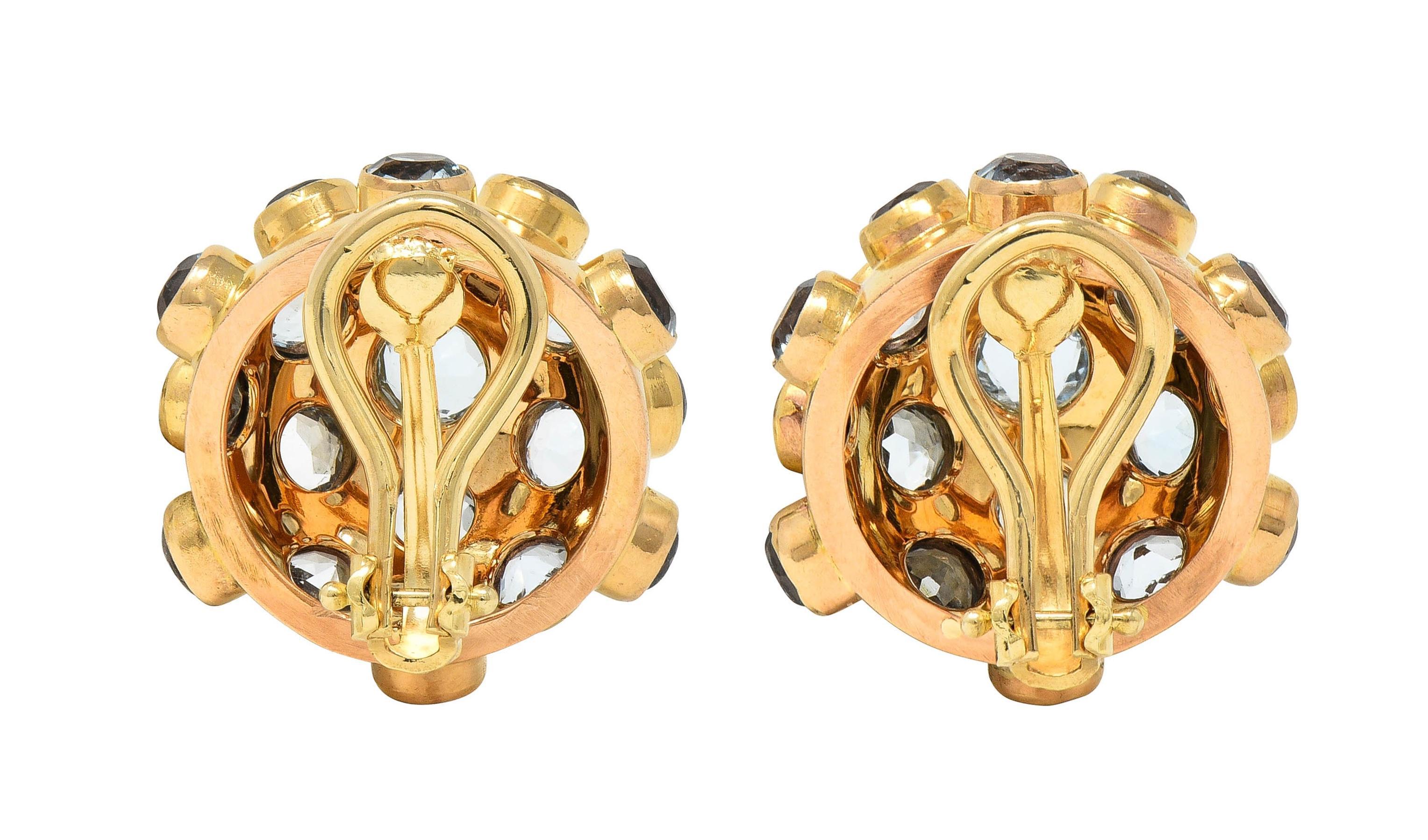 1960's 6.16 CTW Aquamarine 14K Yellow Gold Vintage Sputnik Ear-Clip Earrings In Excellent Condition For Sale In Philadelphia, PA