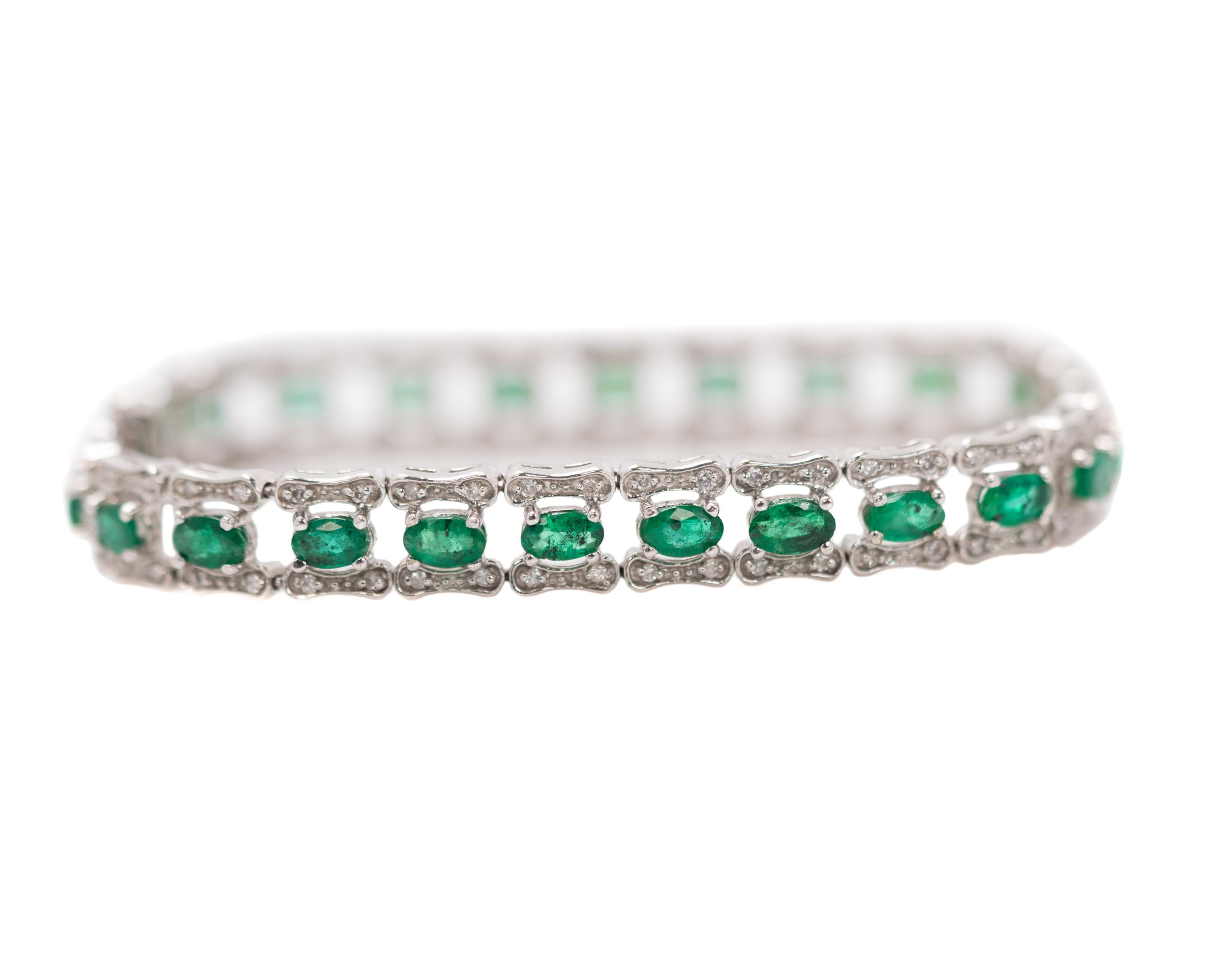 Retro 1960s 7 Carat Emerald and 1 Carat Diamond 14 Karat White Gold Bracelet