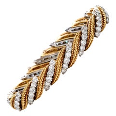 1960's 7.00 Carat Diamond Platinum 18K Gold Flexible Textured Link Bracelet
