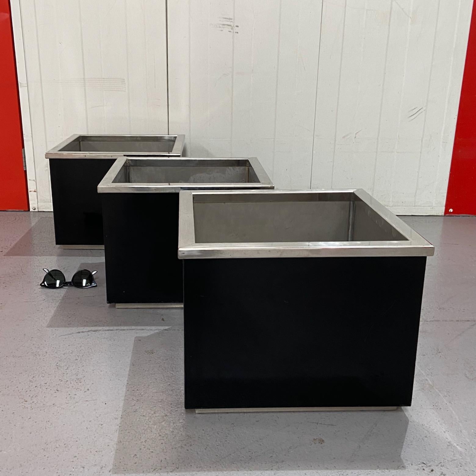 1960s-70s black enamel and chrome metal cubic planters, manner of Willy Rizzo For Sale 2