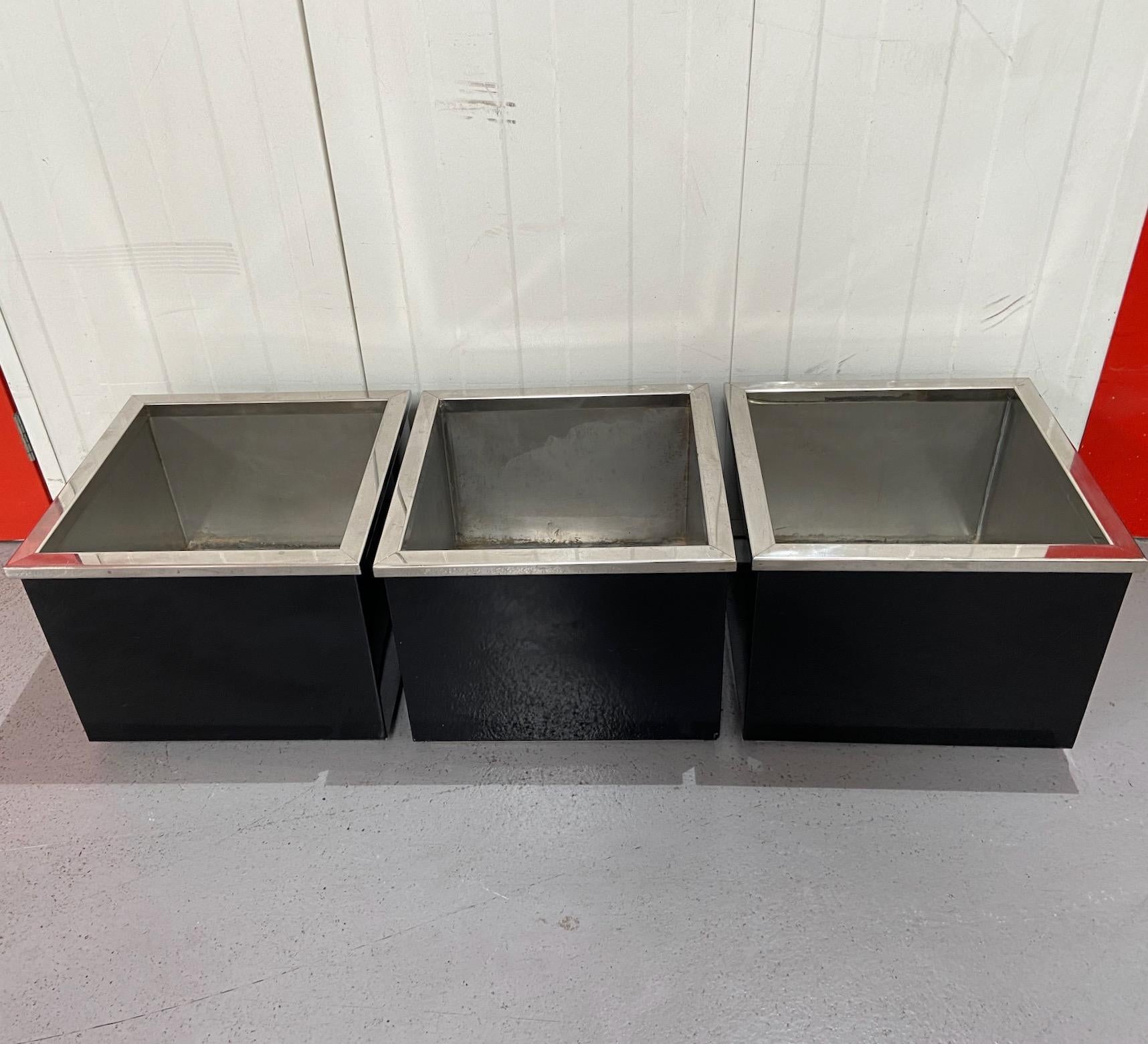 20th Century 1960s-70s black enamel and chrome metal cubic planters, manner of Willy Rizzo For Sale