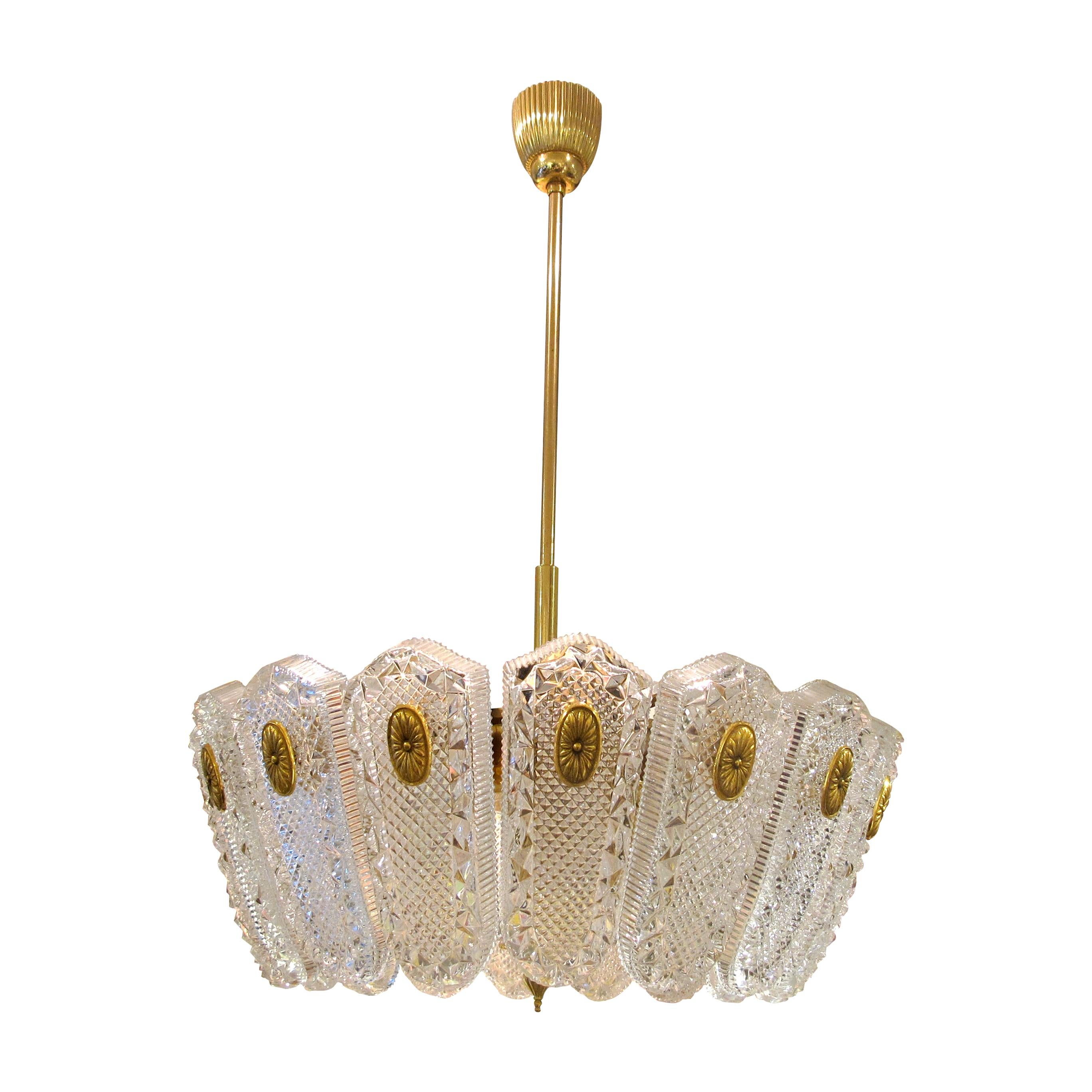 Mid-Century Modern 1960S/70S Large Glass and Brass Pendant Light by Orrefors, Swedish For Sale