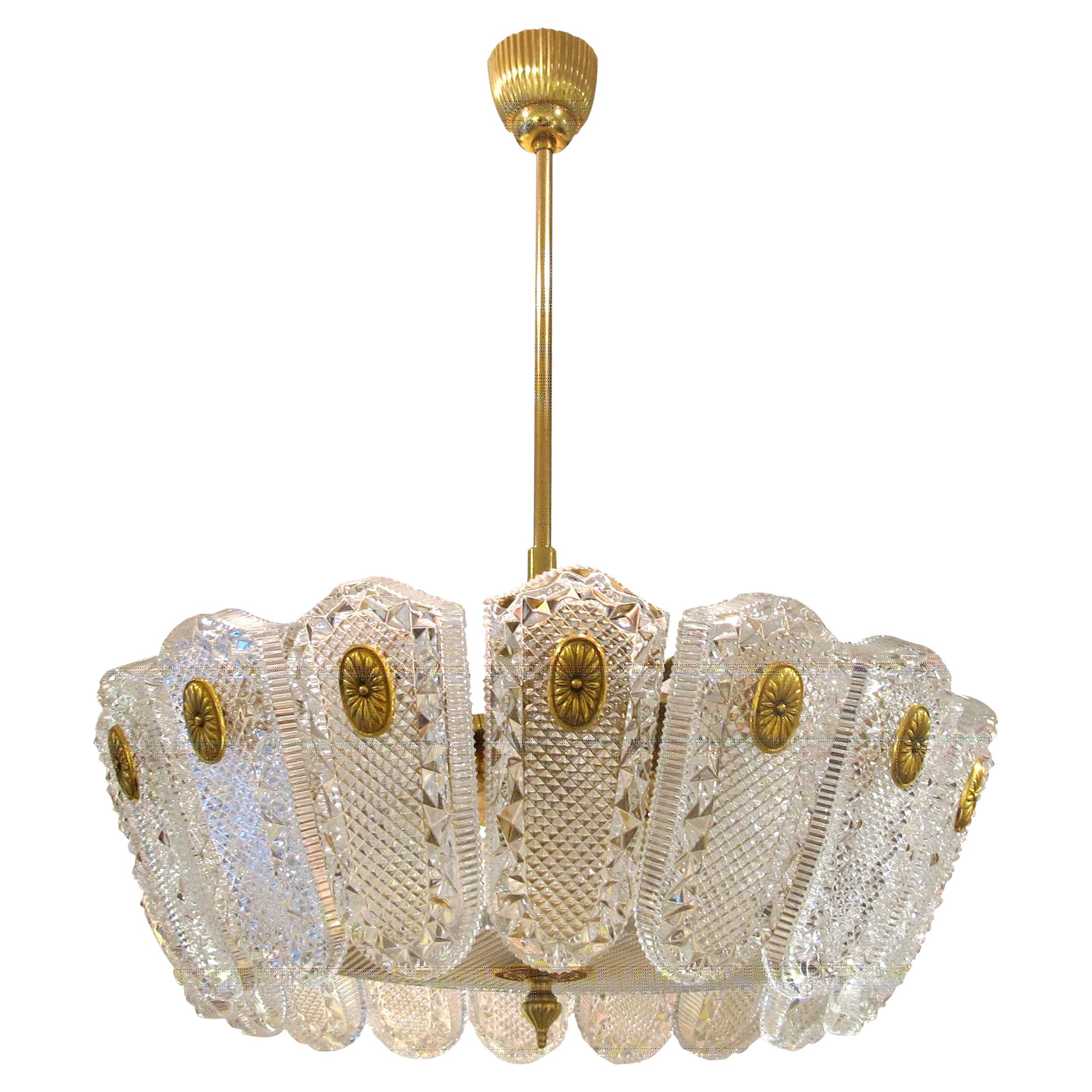 1960S/70S Large Glass and Brass Pendant Light by Orrefors, Swedish