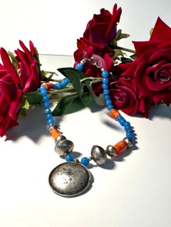 1960s-70s Necklace with Moroccan Nomadic Pendant, Glass & Bamboo Coral