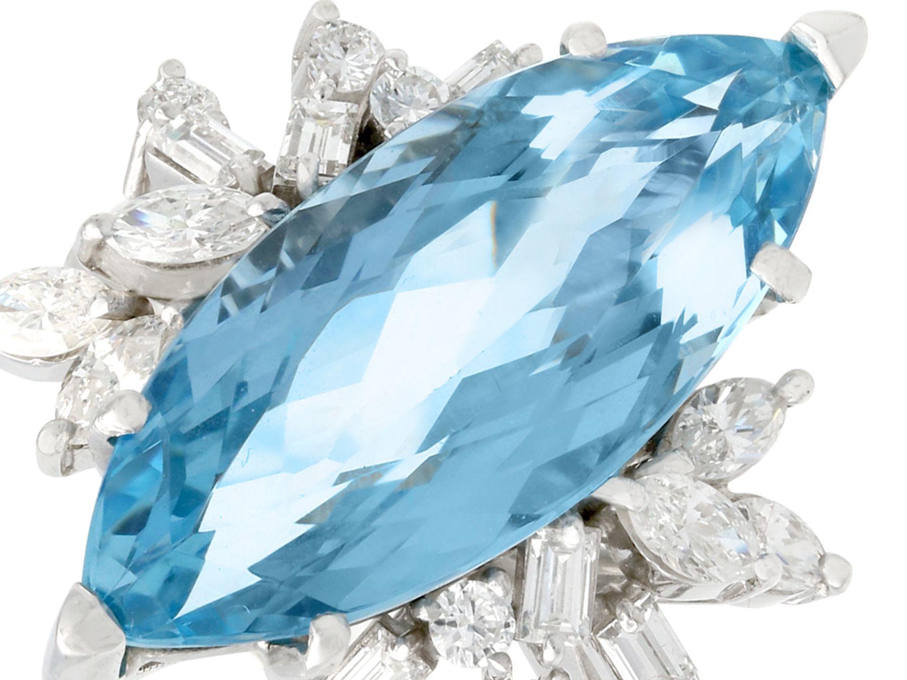 Marquise Cut 1960s 8.54 Carat Aquamarine and 1.66 Carat Diamond White Gold Cocktail Ring