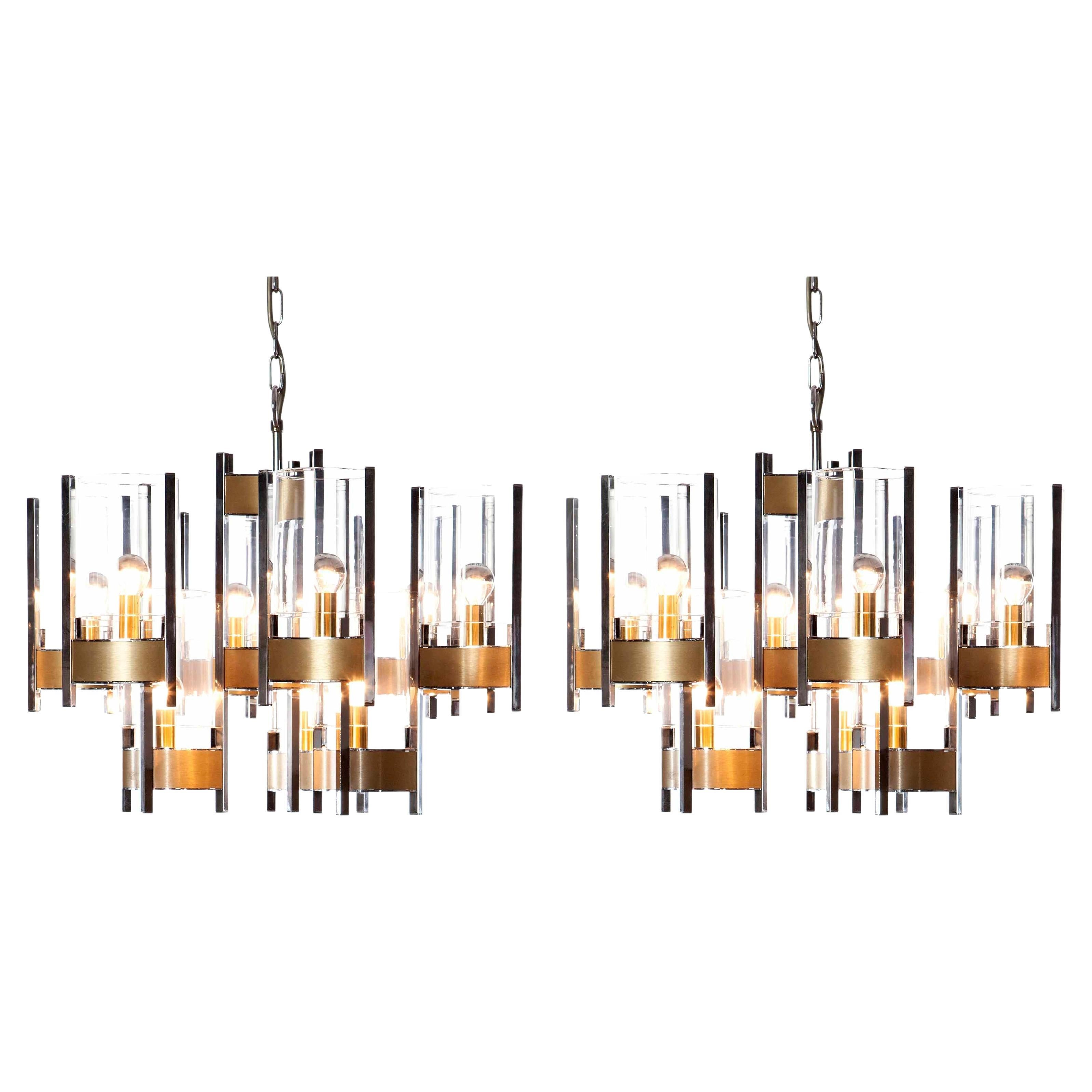 1960's 9 light Chrome and Glass Chandelier by Gaetano Sciolari For Sale