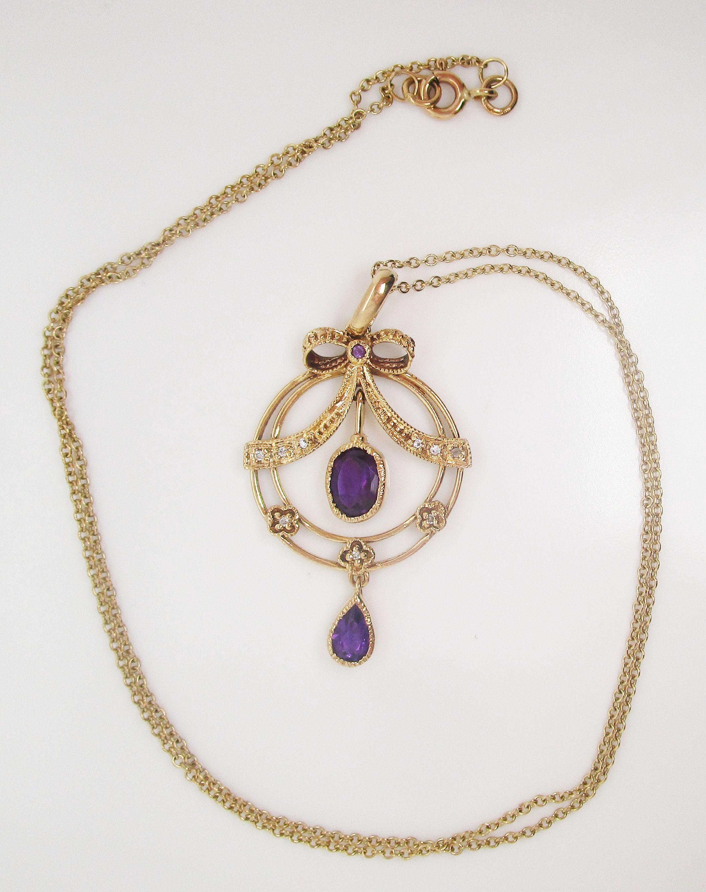 Oval Cut 1960s 9 Carat Yellow Gold Amethyst Diamond Pearl Pendant