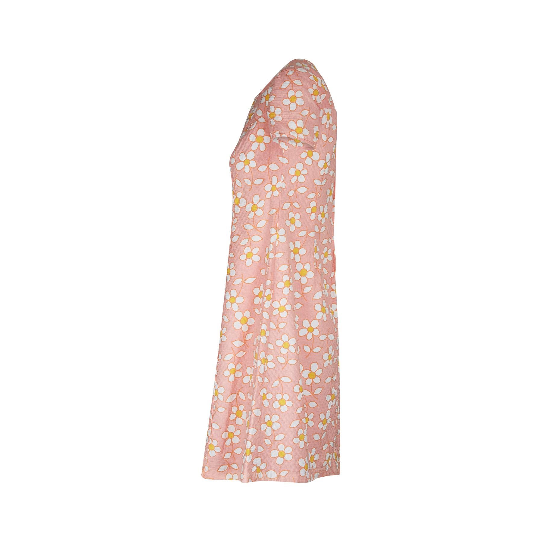 Beige 1960s A-Line Daisy Print Pink Dress