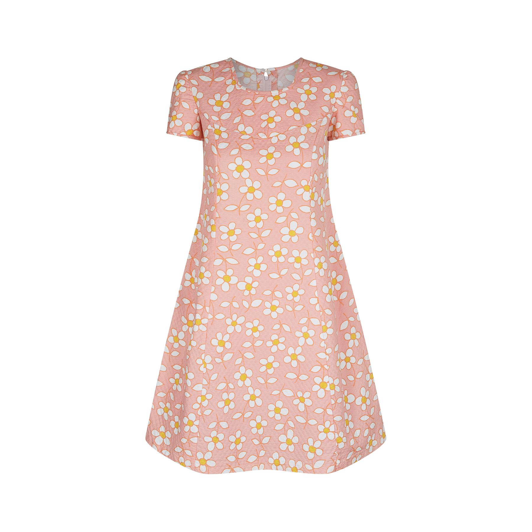 Beige 1960s A-Line Daisy Print Pink Dress For Sale