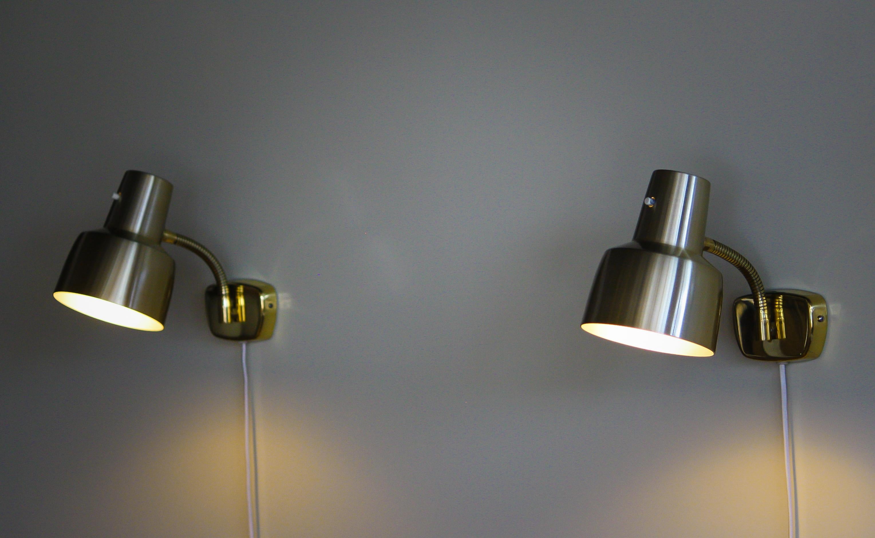 Mid-20th Century 1960s, a Pair of Brass Wall Lights by Armatur Hantverk Tibro, Sweden