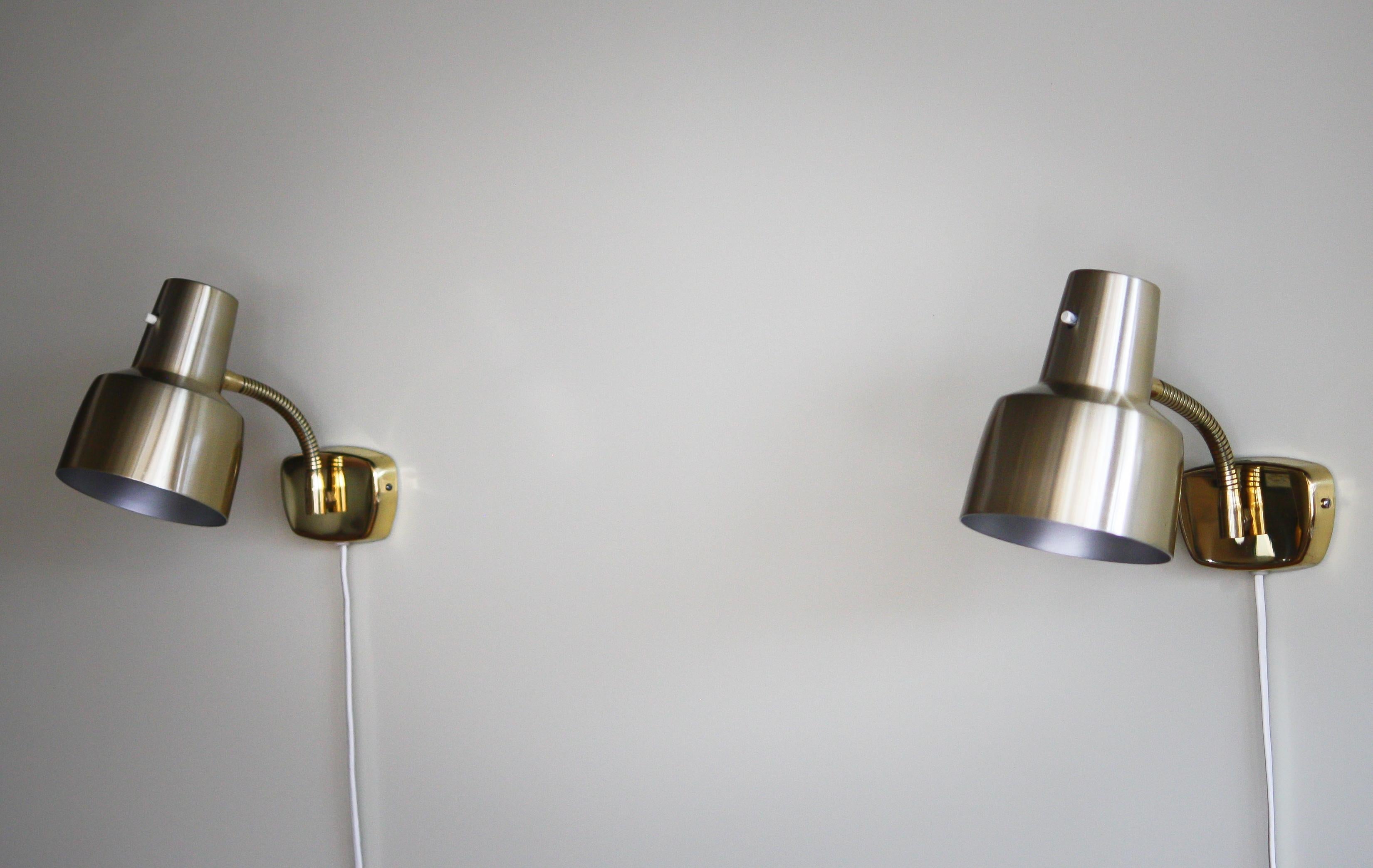 Mid-20th Century 1960s, a Pair of Brass Wall Lights by Armaturhantverk Tibro, Sweden