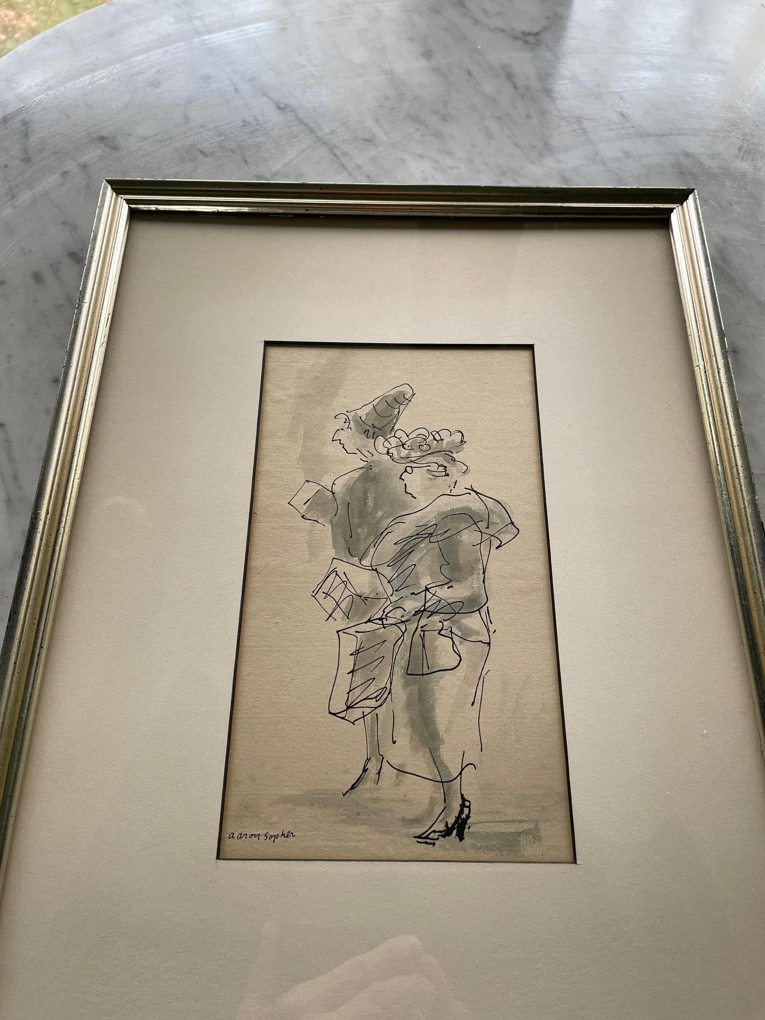 Mid-Century Modern 1930s Aaron Sopher New Yorker Original Art Ladies Shopping Ink Wash Watercolor For Sale