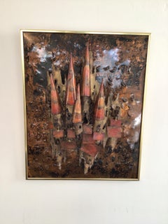 1960s Abstract 3D Metal Wall Sculpture with Brass Frame