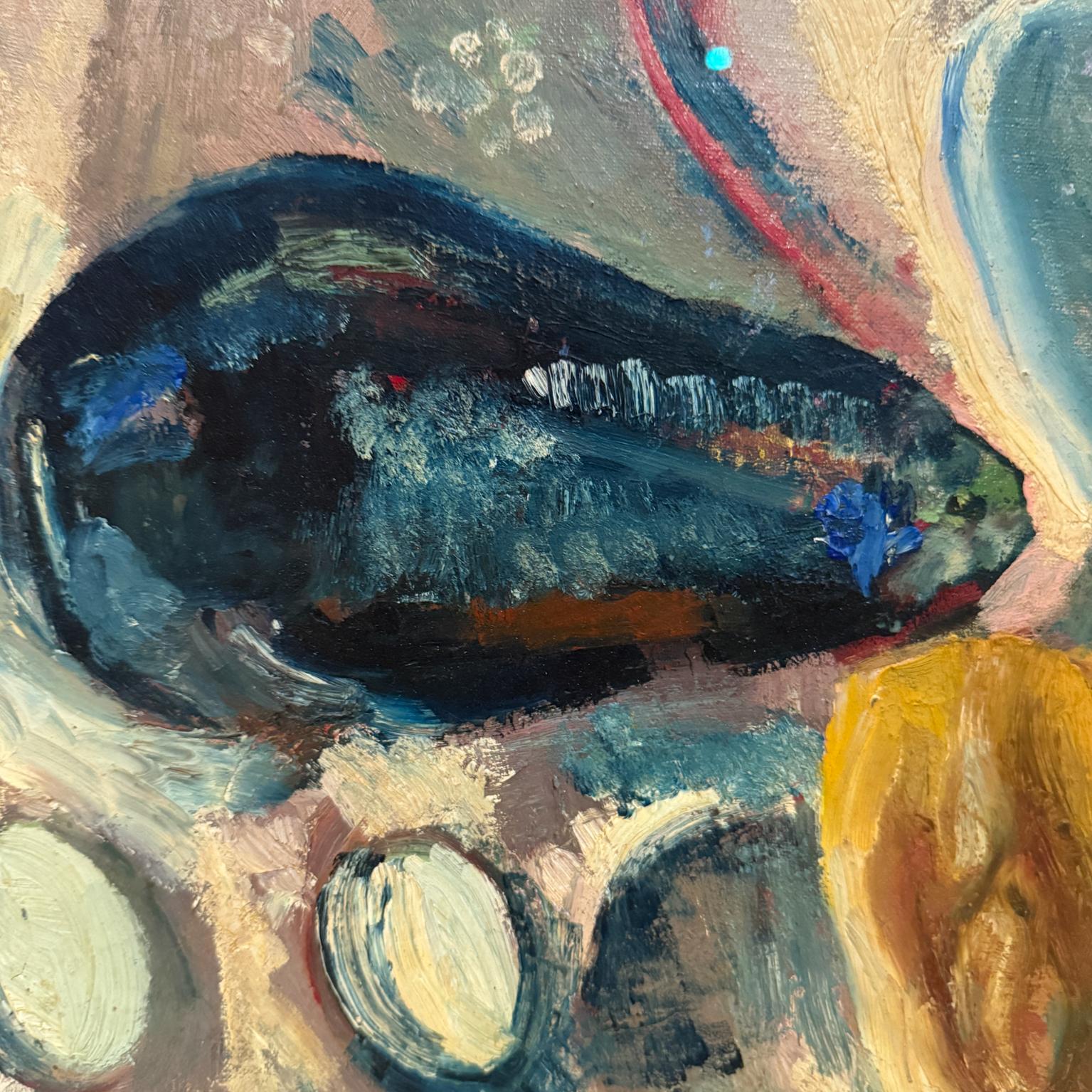 Abstrakte Kunst Aubergine Stillleben, Ölgemälde, signiert, 1960er Jahre (Mitte des 20. Jahrhunderts) im Angebot