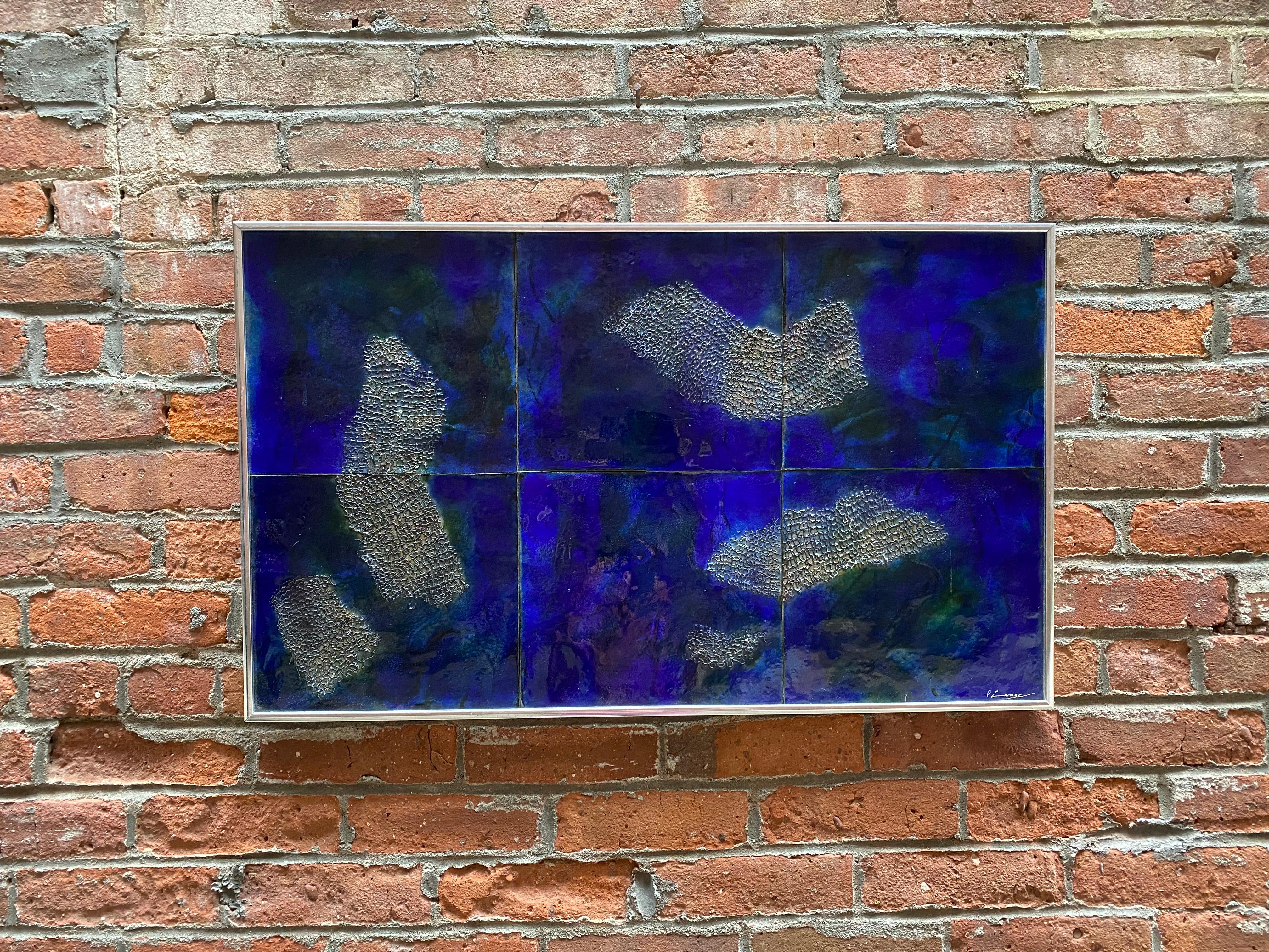 Six abstract enamel on copper panels. High gloss enamel splashes of dark blue and green with five amorphous floating shapes, circa 1960. Signed lower right tile, P Lange (?). Framed with a brushed metal molding and backed with plywood. The copper