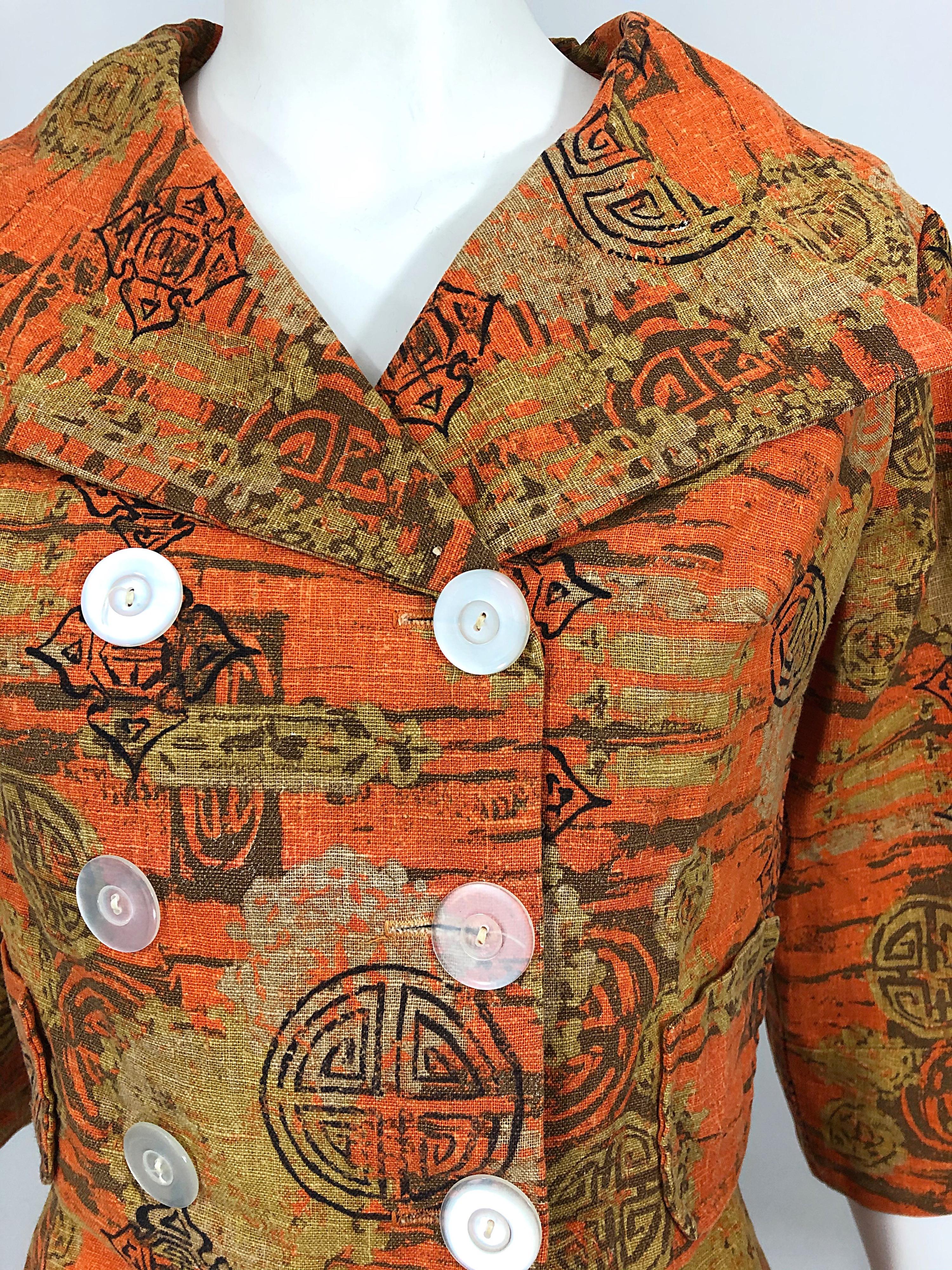 1960s Abstract Asian Batik Linen Vintage 60s Chic Cropped Jacket + Skirt Suit  For Sale 2