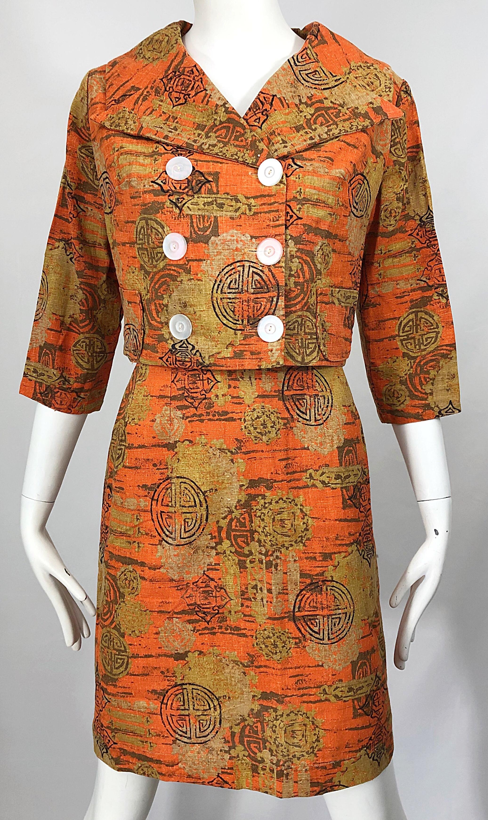 Brown 1960s Abstract Asian Batik Linen Vintage 60s Chic Cropped Jacket + Skirt Suit  For Sale
