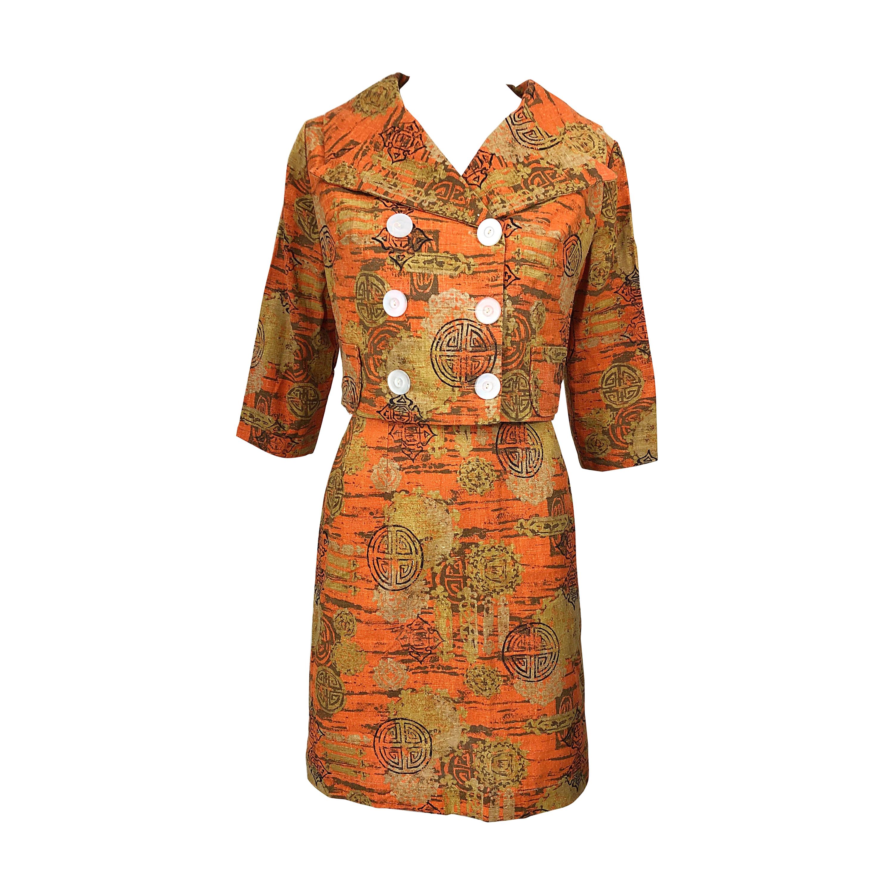 1960s Abstract Asian Batik Linen Vintage 60s Chic Cropped Jacket + Skirt Suit  For Sale