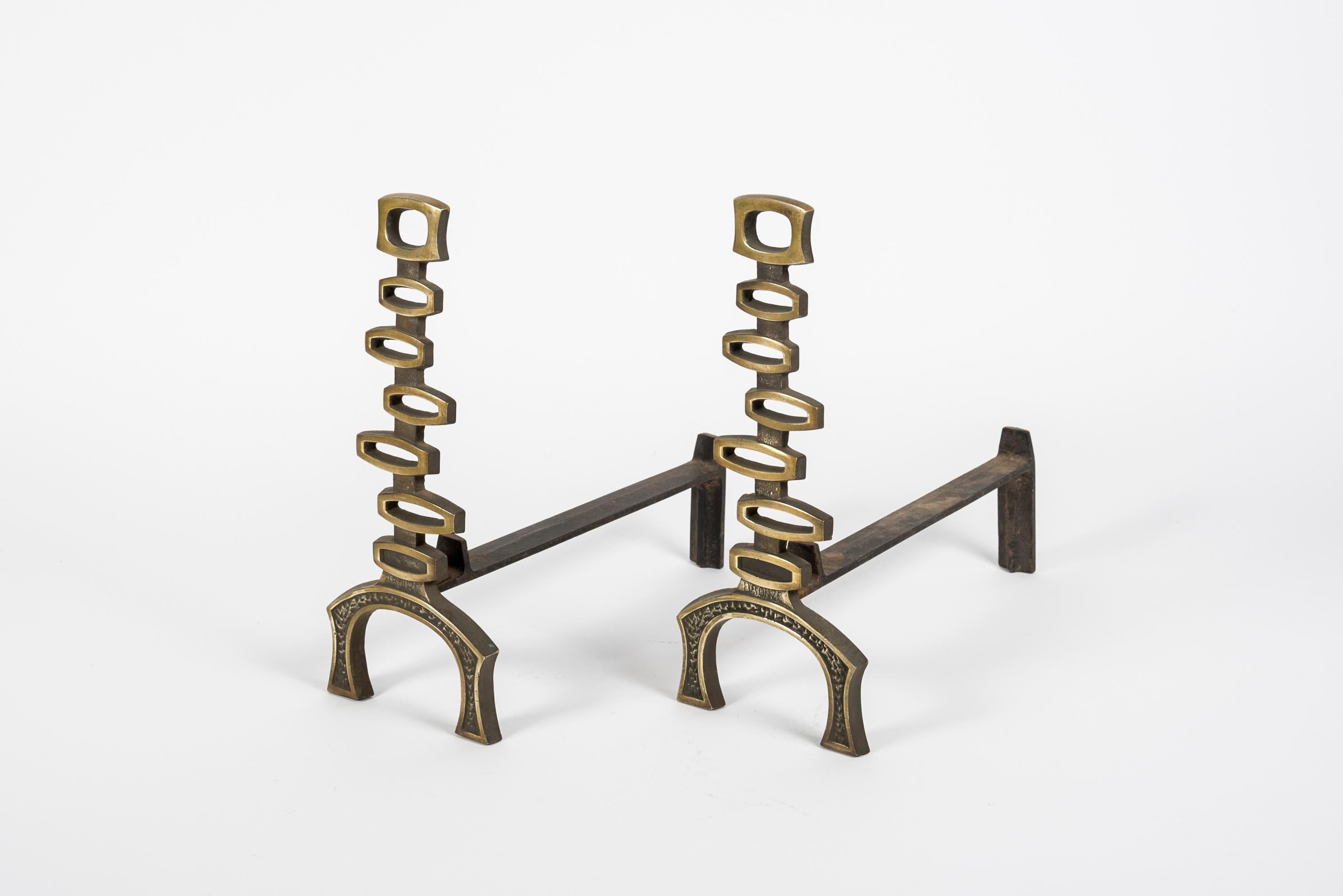 French 1960's Abstract Bronze Andirons For Sale