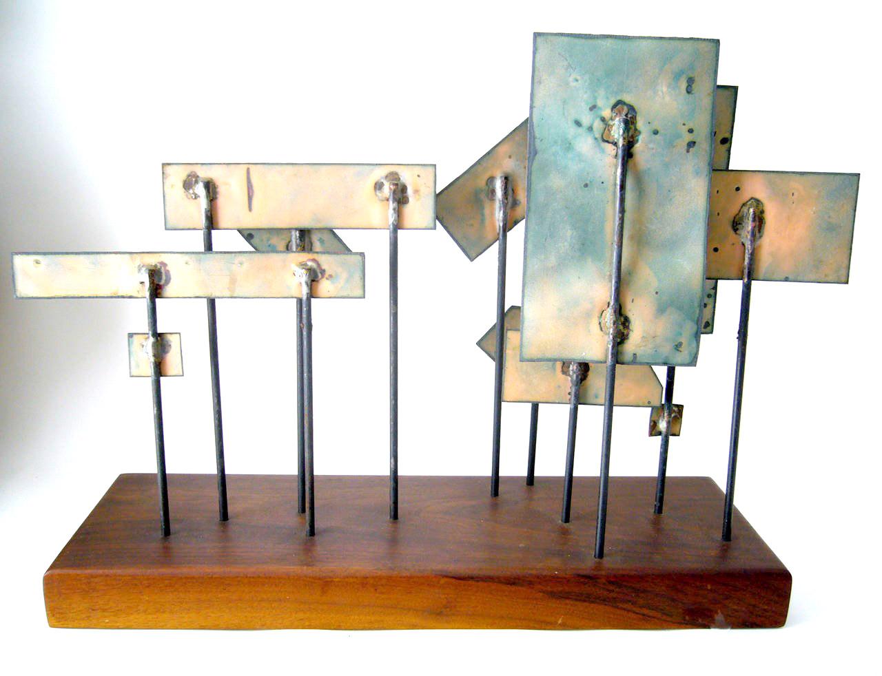 American 1960s Abstract California Modernist Copper Enamel Sculpture On Walnut Base 