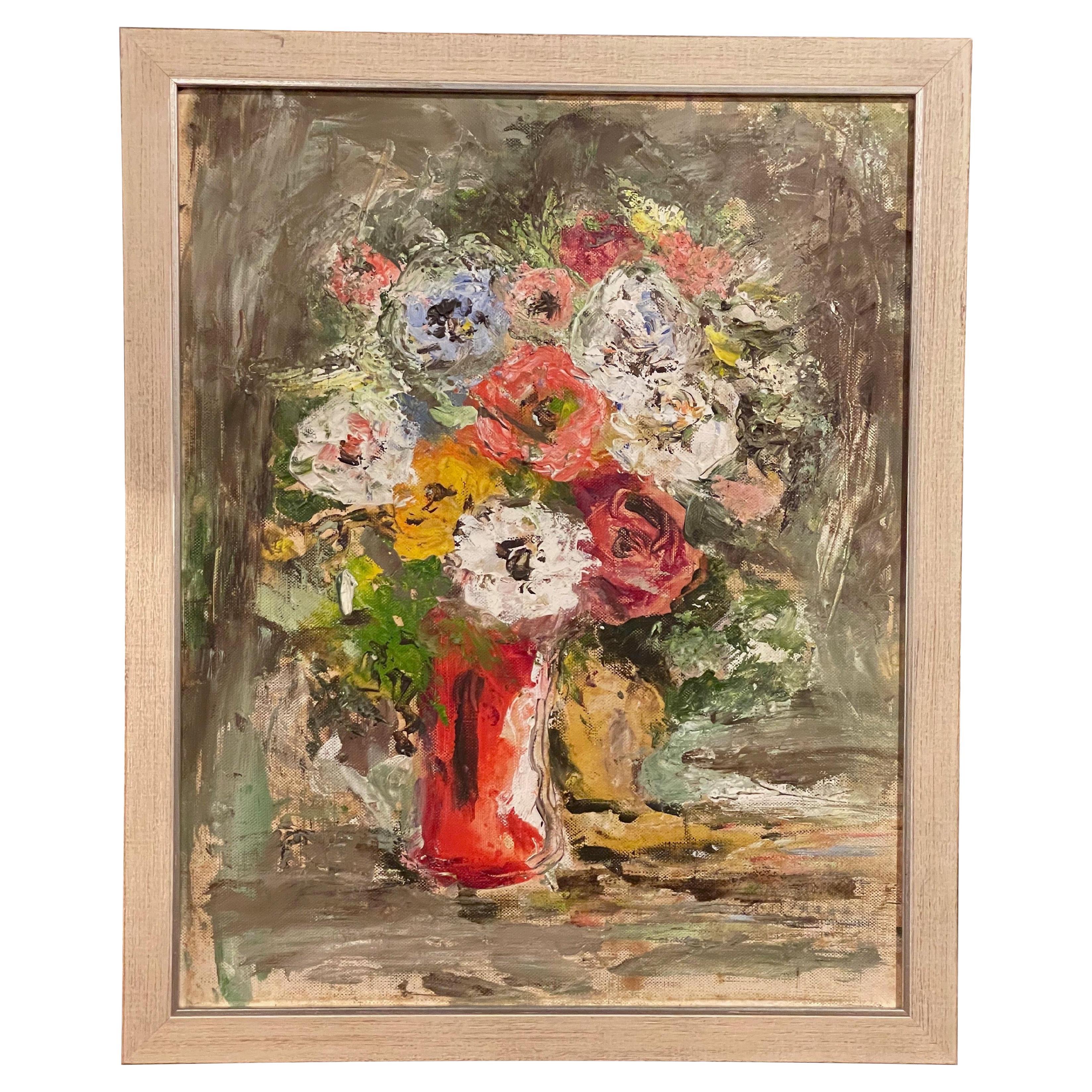 1960s Abstract Floral Still Life Painting, Framed