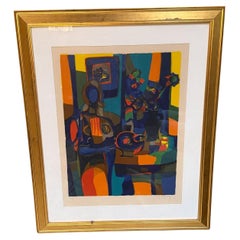 1960s Abstract French Art Still Life Color Lithograph Marcel Mouly