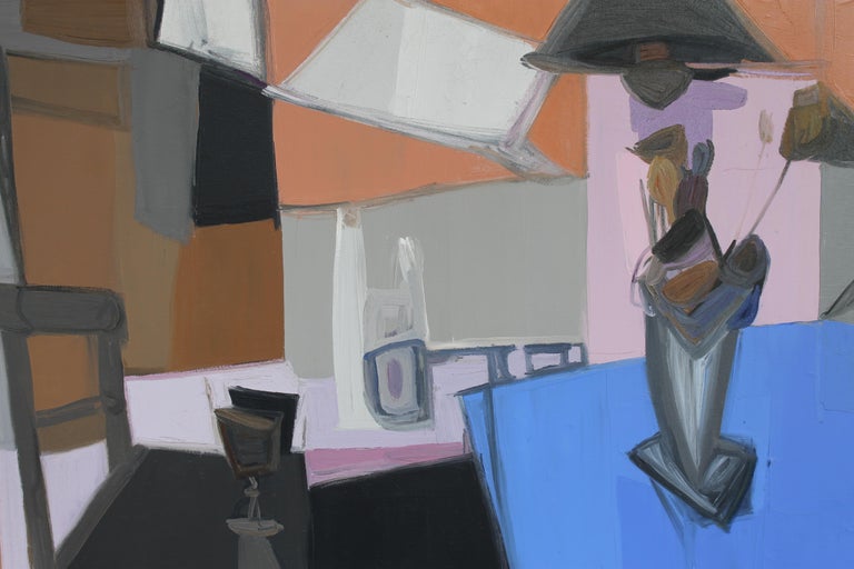 Oil on canvas figurative abstract painting by French born artist Jacques Fabert (1925 - ). This beautifully executed still life depicts a dining room scene featuring sharp geometric shapes in colors of pink, blue, gray and coral. Jacques Fabert is