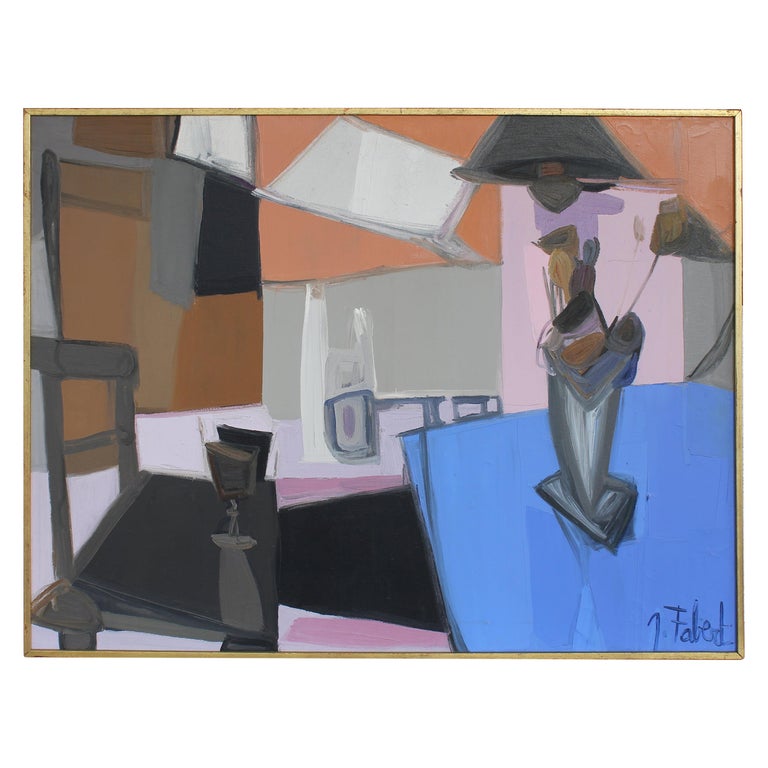 1960s Abstract Interior Scene Oil Painting by Jacques Fabert