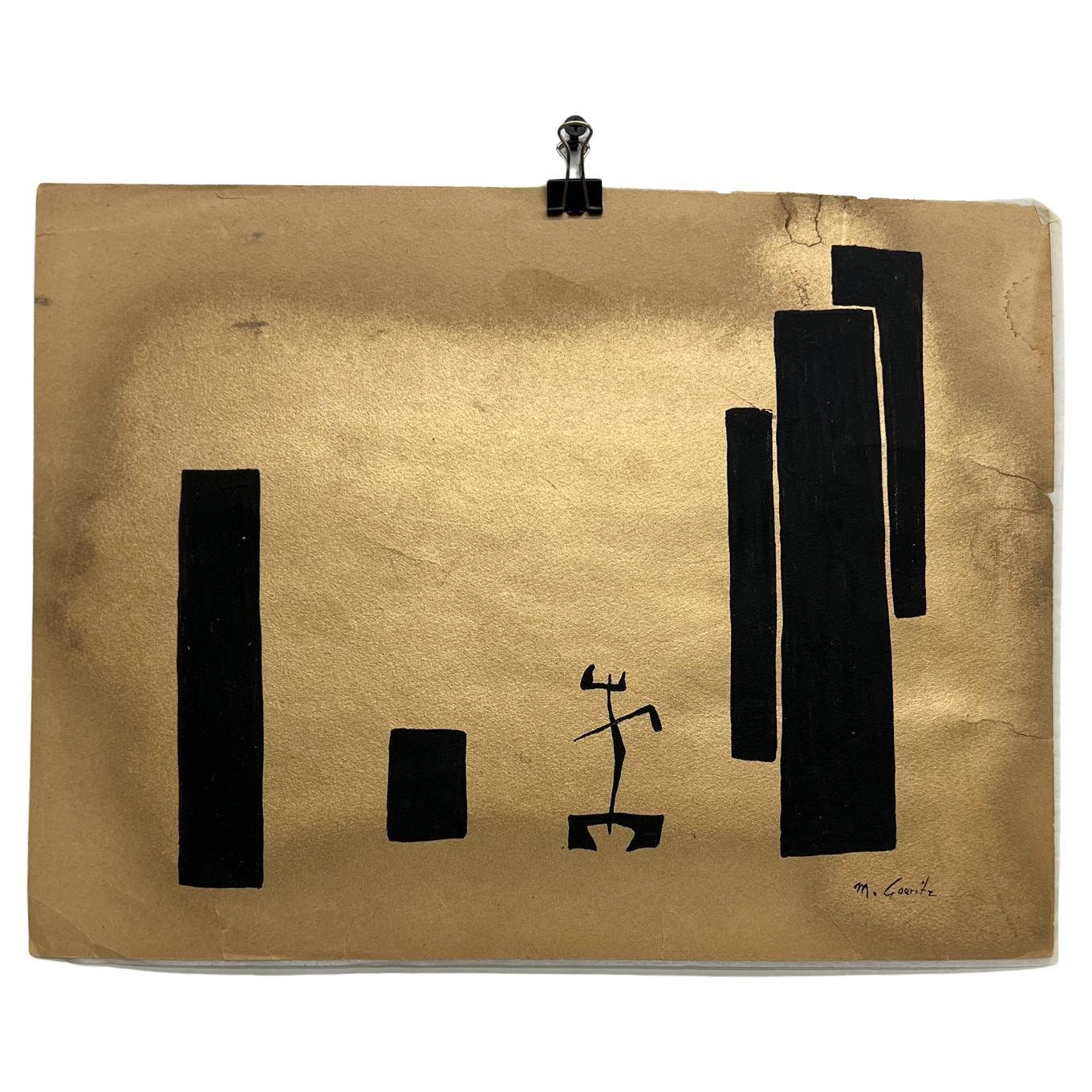 Modernisme abstrait des années 1960 Art mexicain de l'artiste M. Goeritz Encre noire dorée sur papier doré