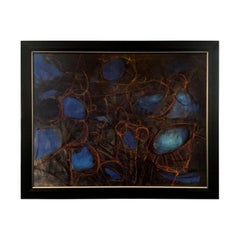 Vintage 1960s Abstract Modernist Acrylic Painting in Black, Blue and Red