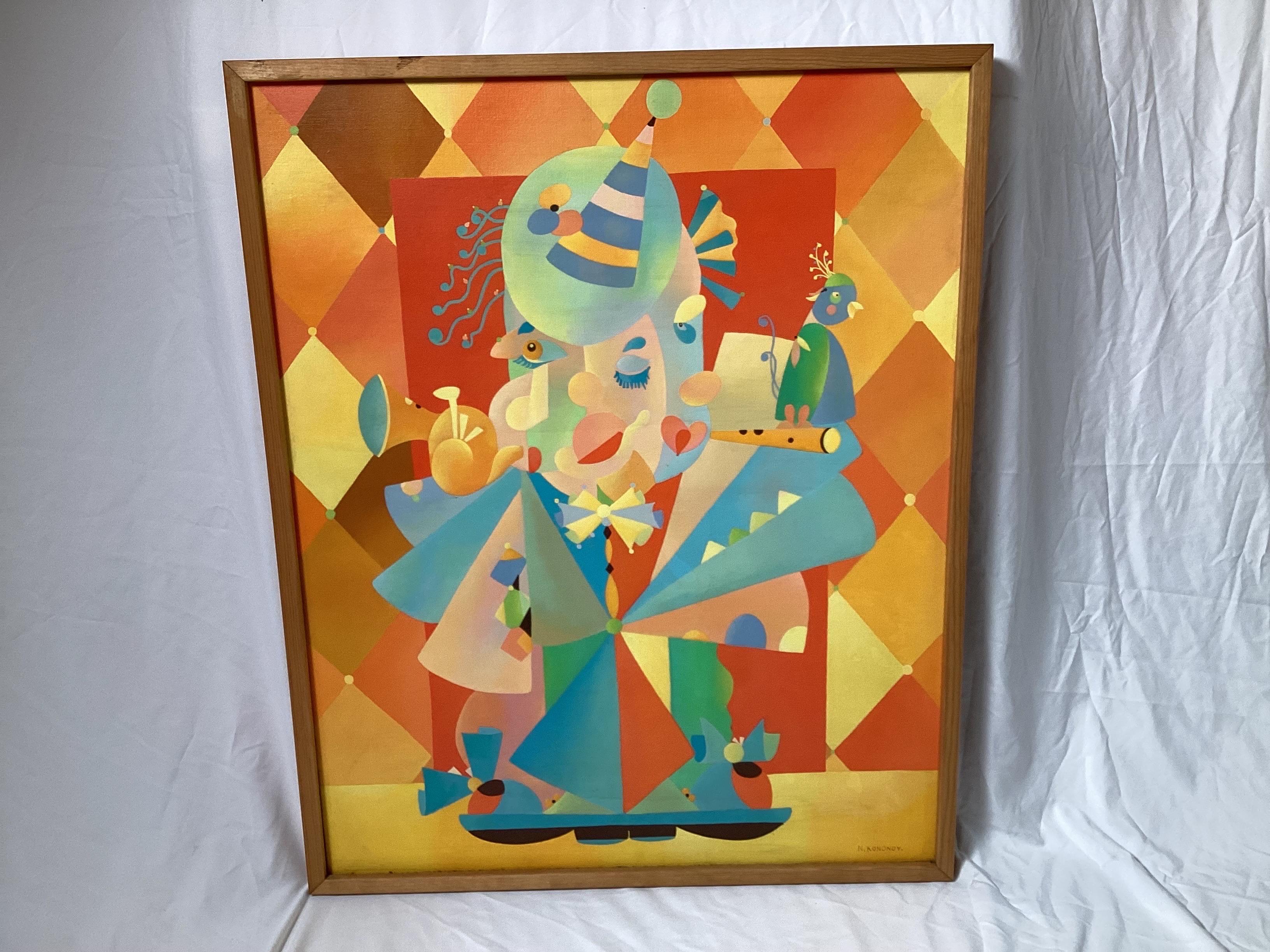 Öl auf Leinwand der russischen Künstlerin Natalya Prager Kononov (1935-2000). Das Gemälde in leuchtenden Farben, eine lustige moderne abstrakte mit einer Partei fühlen, Hörner, Konfetti, Papagei, Party Hüte, in einem einfachen schlanken Holzrahmen