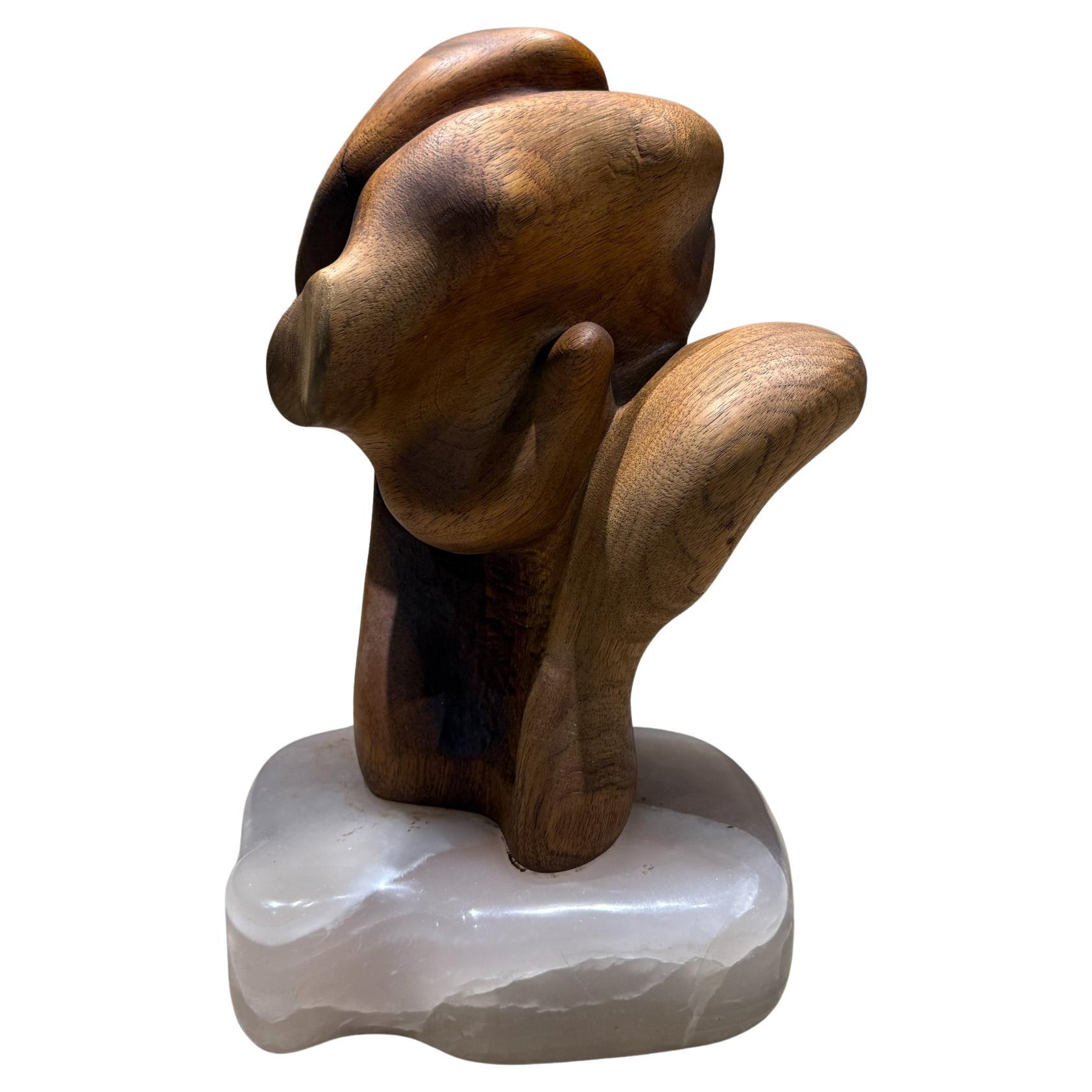 1960 Escultura abstracta orgánica de madera translúcida con base de piedra