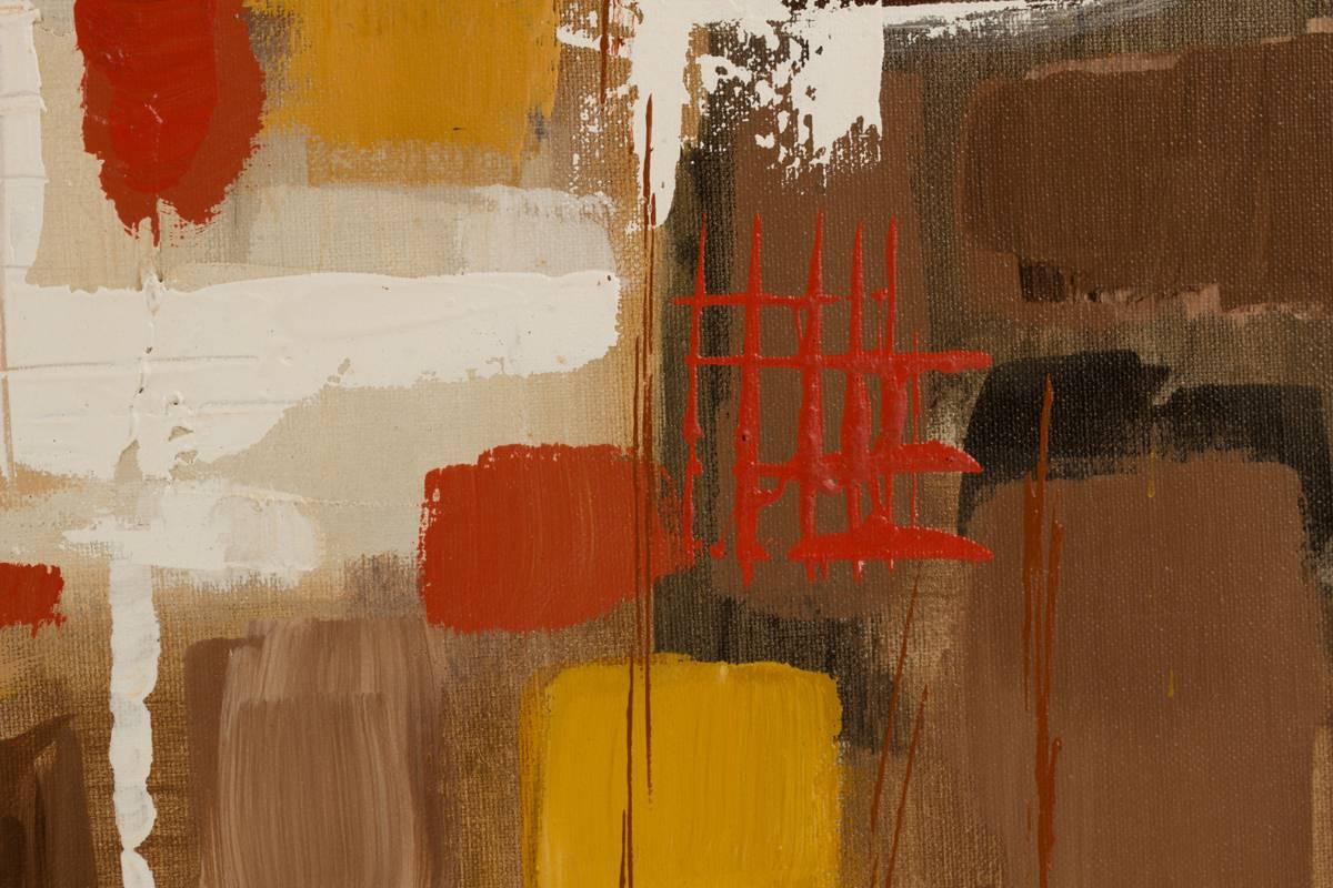 Gran óleo abstracto sobre lienzo, hacia la década de 1960. El cuadro está firmado en la esquina inferior derecha y parece decir 