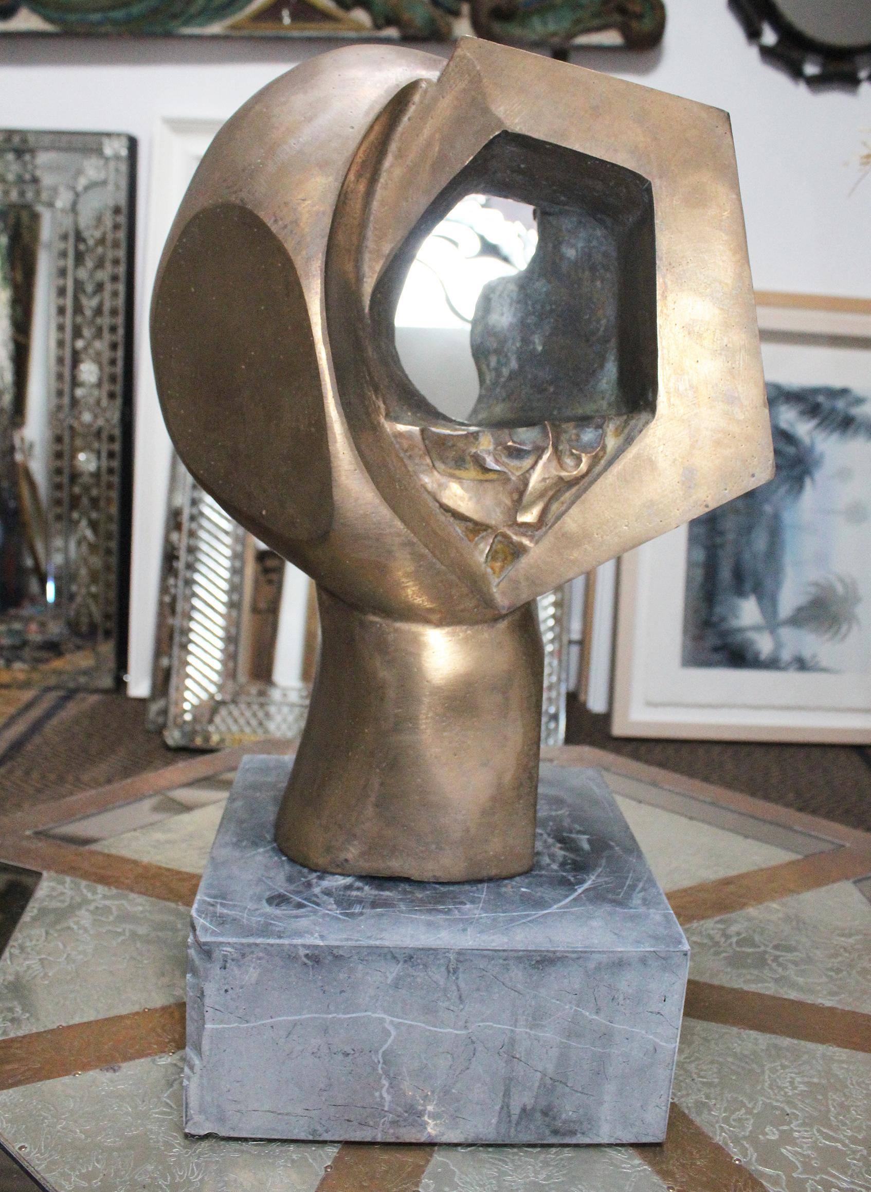 Marble 1960s Abstract Solid Bronze Sculpture Signed 