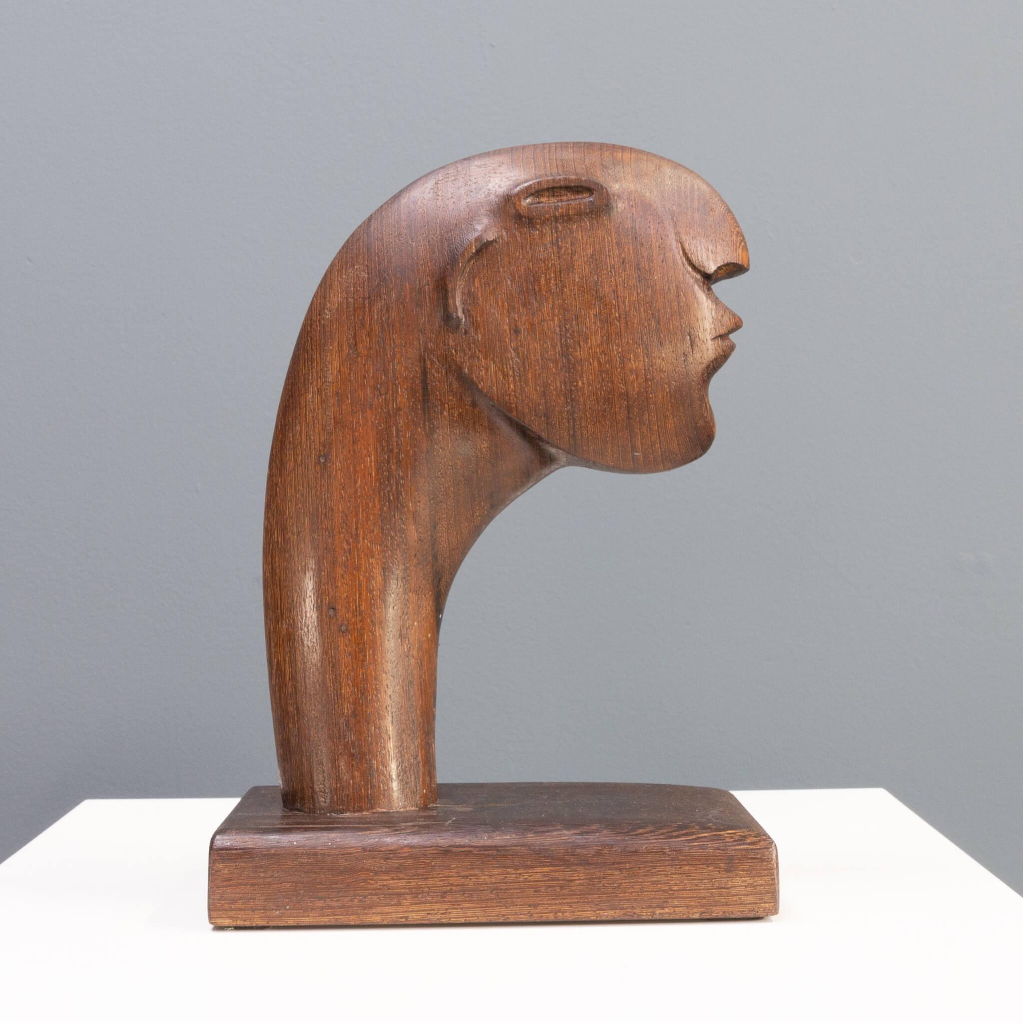 1980s abstract wooden handmade head sculpture in the style of Henri Moore For Sale 4