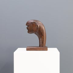 1980s abstract wooden handmade head sculpture in the style of Henri Moore