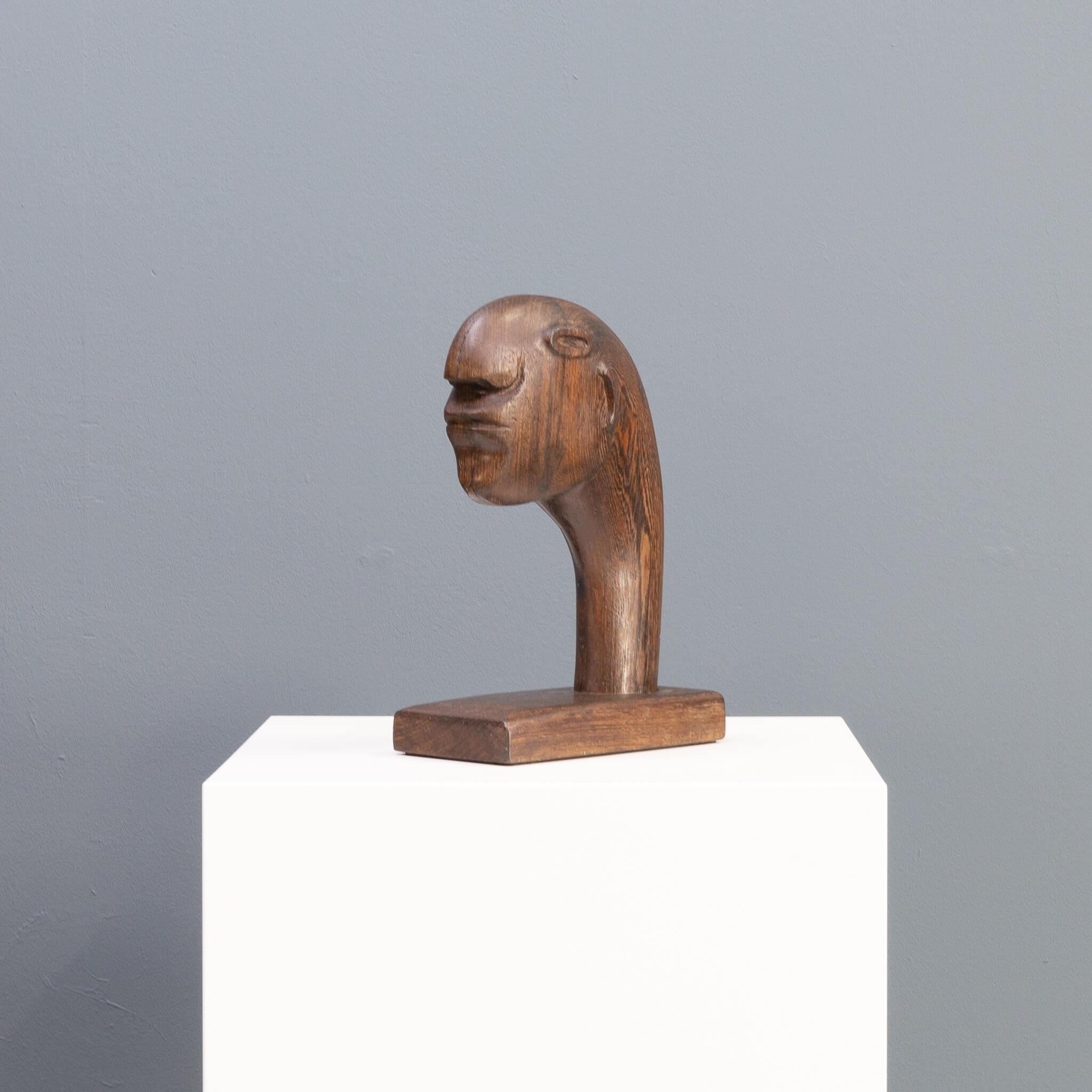 Mid-Century Modern 1980s abstract wooden handmade head sculpture in the style of Henri Moore For Sale
