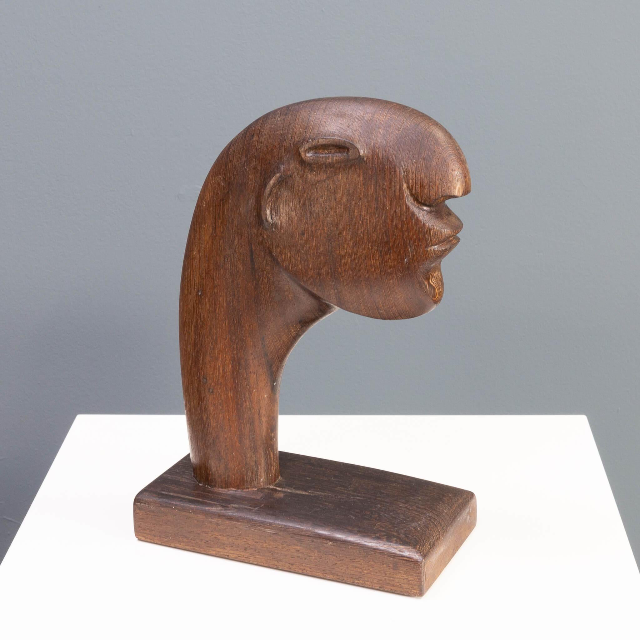 1980s abstract wooden handmade head sculpture in the style of Henri Moore For Sale 2