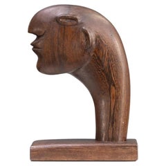 1980s abstract wooden handmade head sculpture in the style of Henri Moore