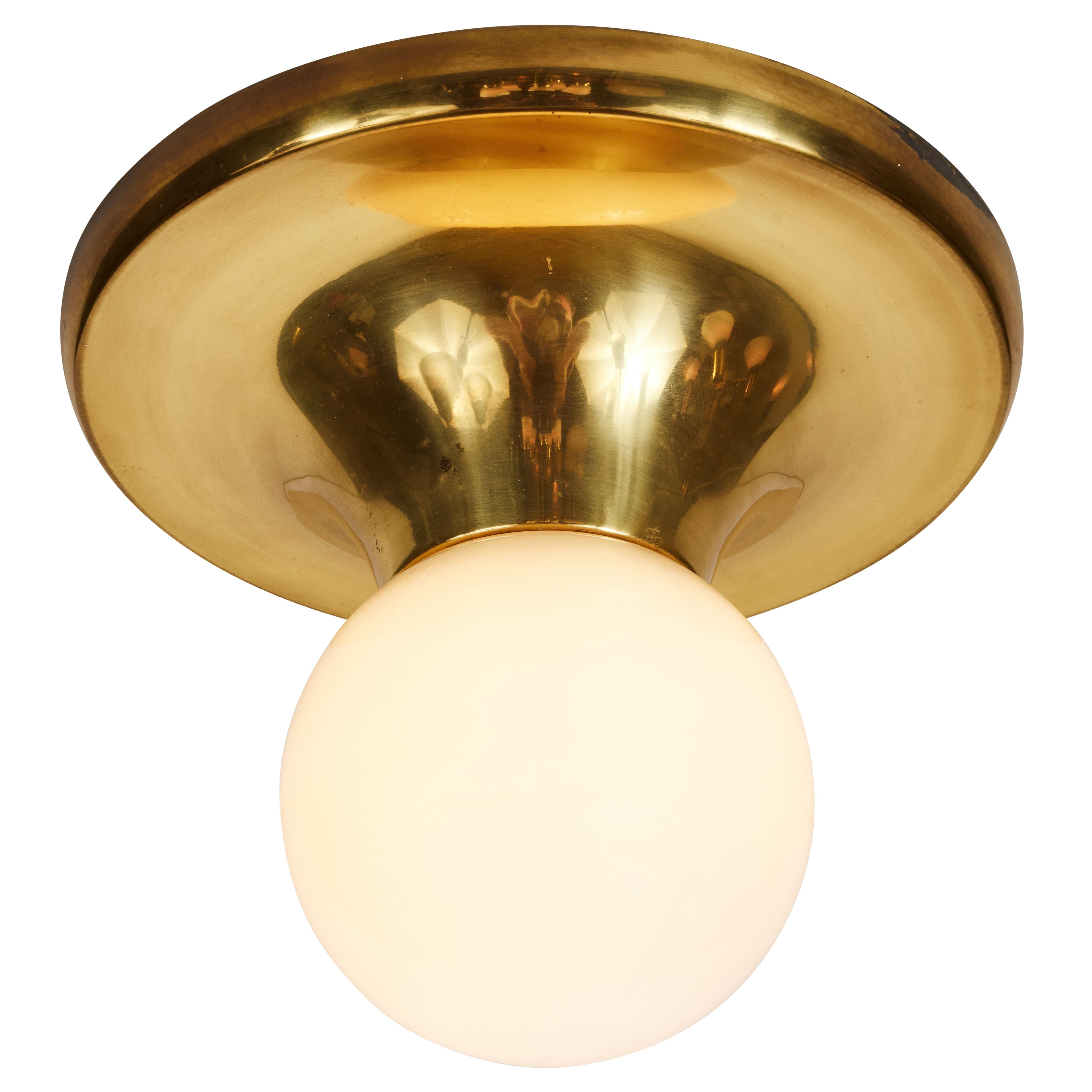 1960s Achille Castiglioni & Pier Giacomo 'Light Ball' Wall or Ceiling Lamp for Flos. Designed in 1965, this rare and vintage brass variant comes with satin opaque glass. An incredibly refined and iconic midcentury design that is quintessentially