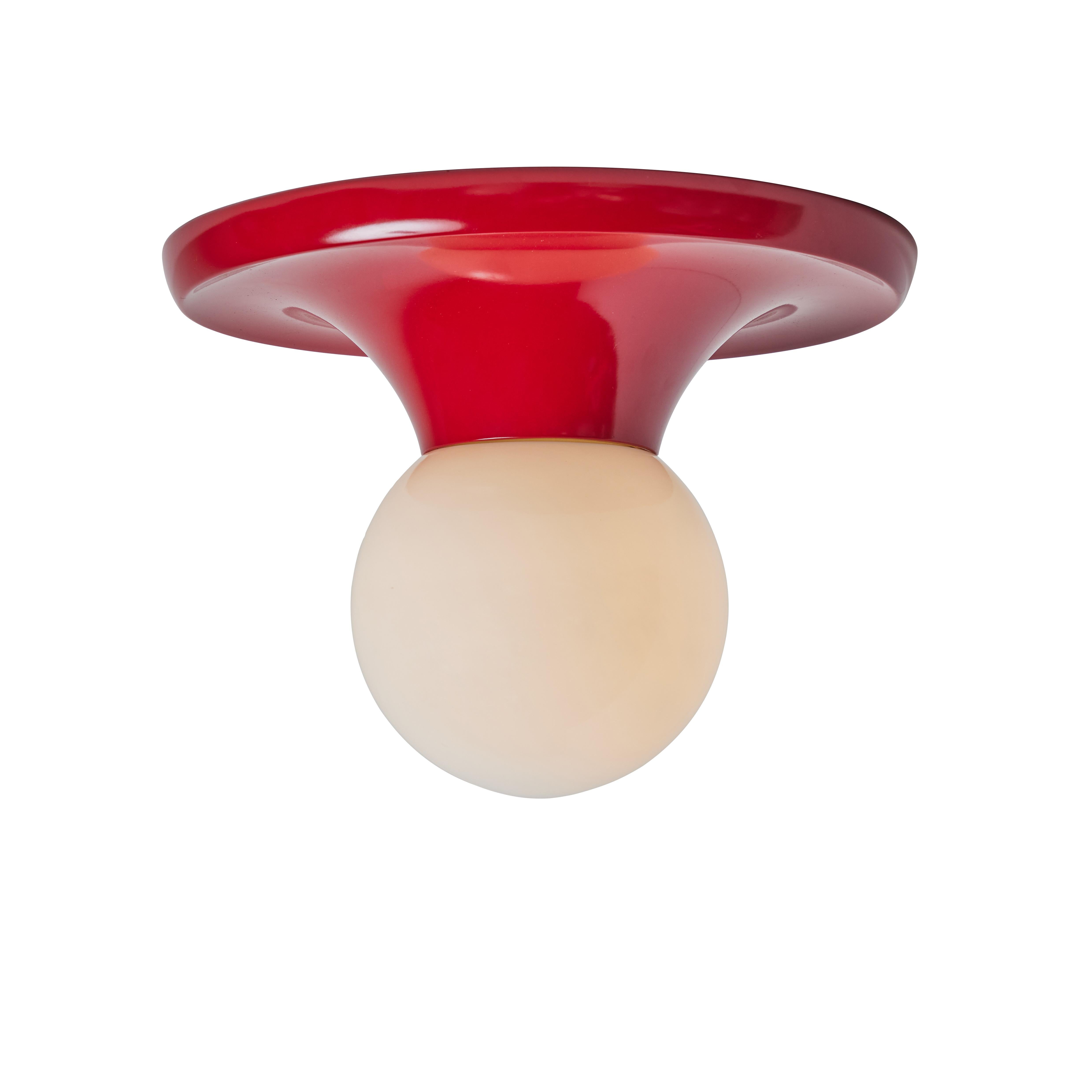 1960s Achille Castiglioni 'Light Ball' wall or ceiling lamp in red for Flos. Designed in 1965, this rare and vintage red painted variant comes with satin opaque glass. An incredibly refined and iconic midcentury design that is quintessentially