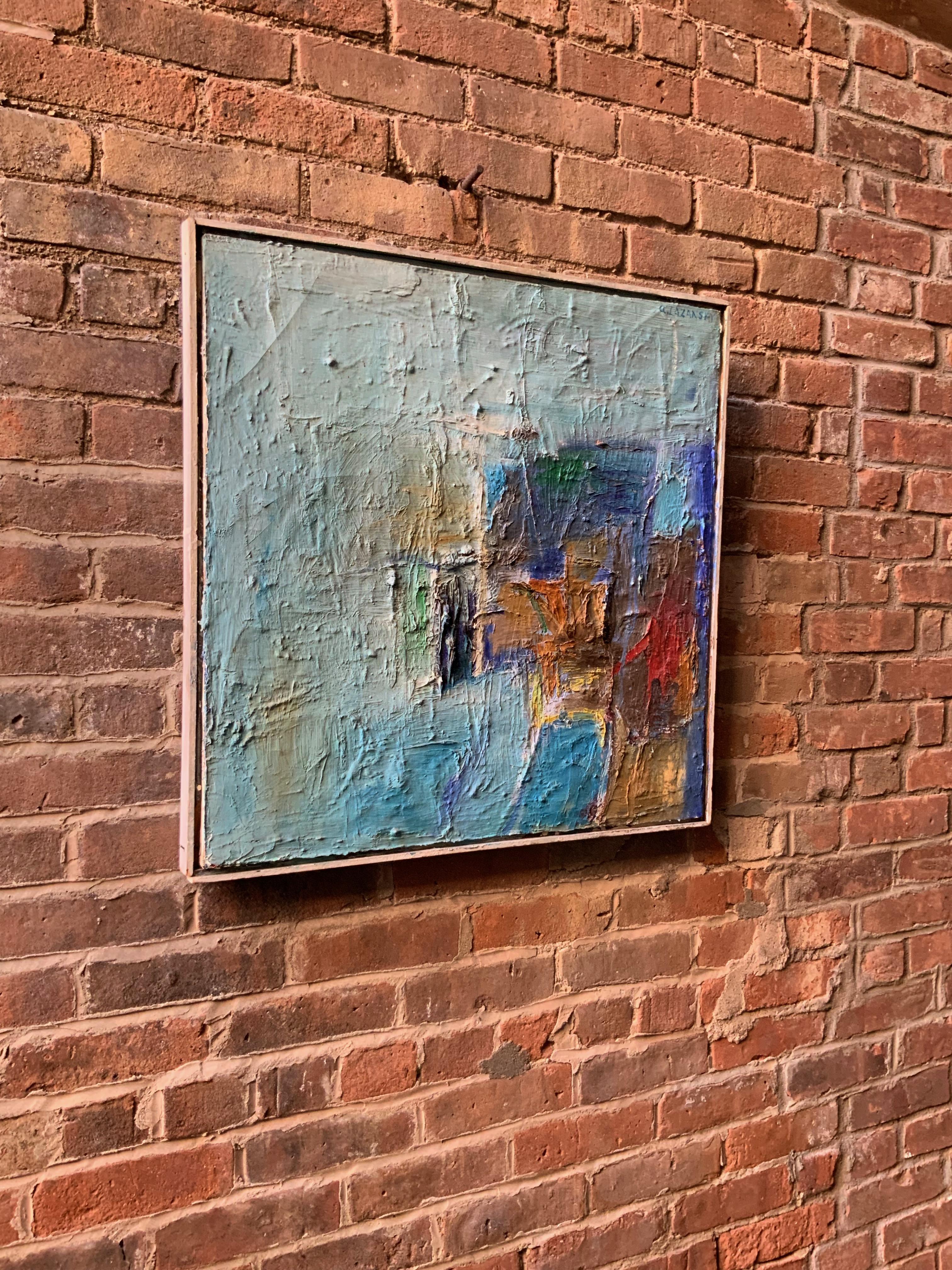 Signed A. Lazansky upper right. Heavy expressive impasto textured build up of paint surface. Oil paint on stretched canvas, circa 1950-1960. Framing treatment consists of white painted profile molding. Good condition with some cracking of surface