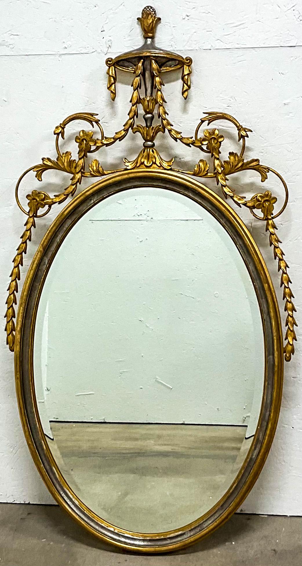 Italian 1960s Adam Style Silver / Gold Giltwood Oval Mirrors  Att. Friedman Bros, Pair For Sale