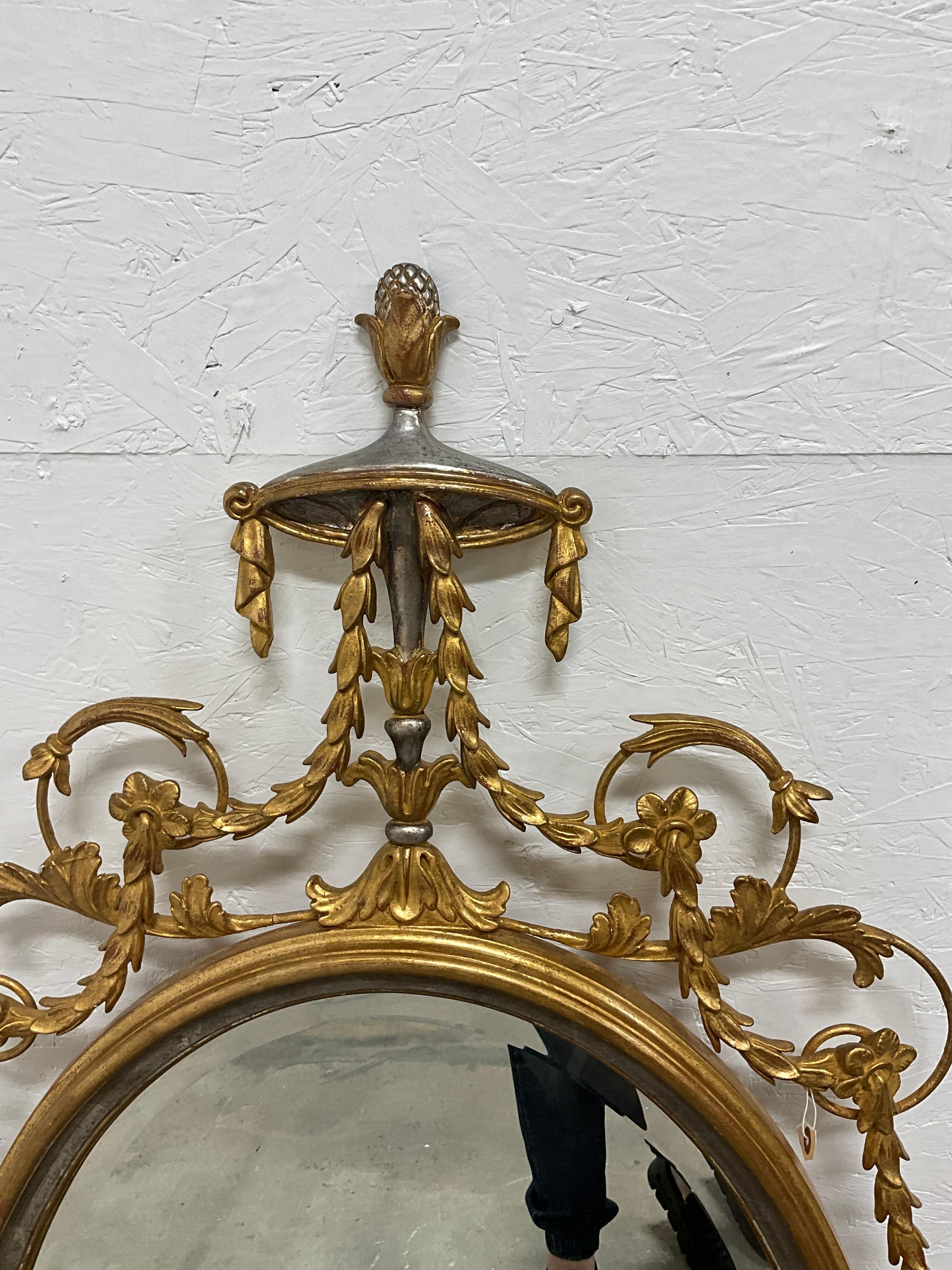 1960s Adam Style Silver / Gold Giltwood Oval Mirrors  Att. Friedman Bros, Pair For Sale 1