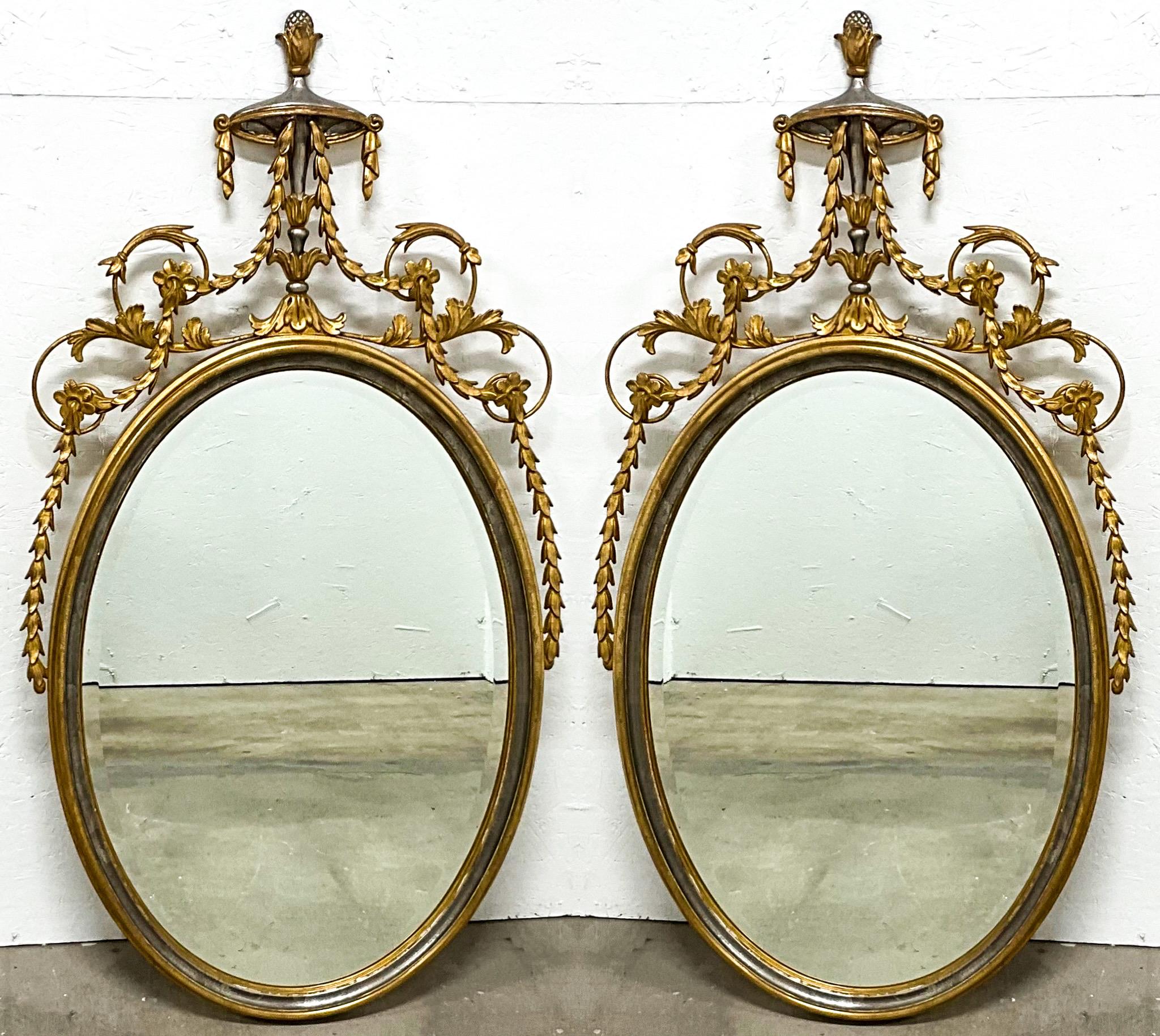 1960s Adam Style Silver / Gold Giltwood Oval Mirrors  Att. Friedman Bros, Pair For Sale 4