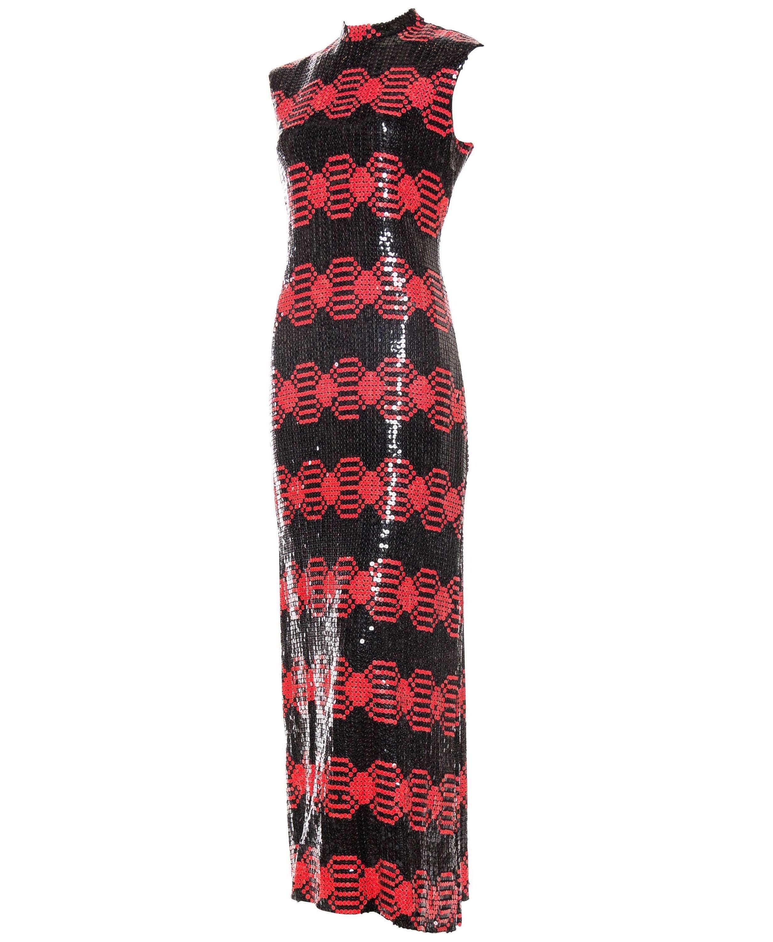Fully lined in Rayon. 1960S ADELE SIMPSON Black & Red Silk Chiffon Oil Slick Op-Art Geometric Sequin Gown 