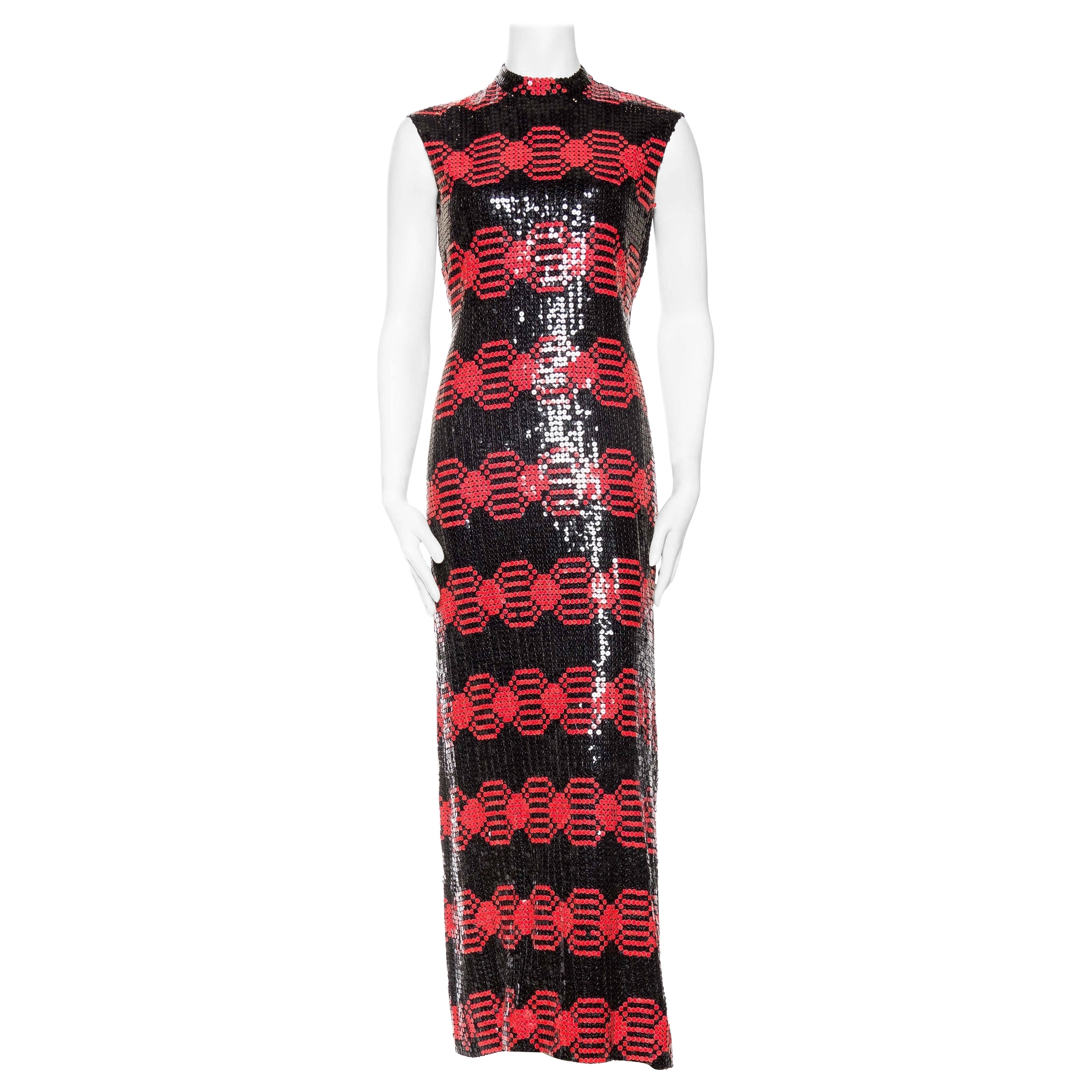 1960S ADELE SIMPSON Black & Red Silk Chiffon Oil Slick Op-Art Geometric Sequin For Sale